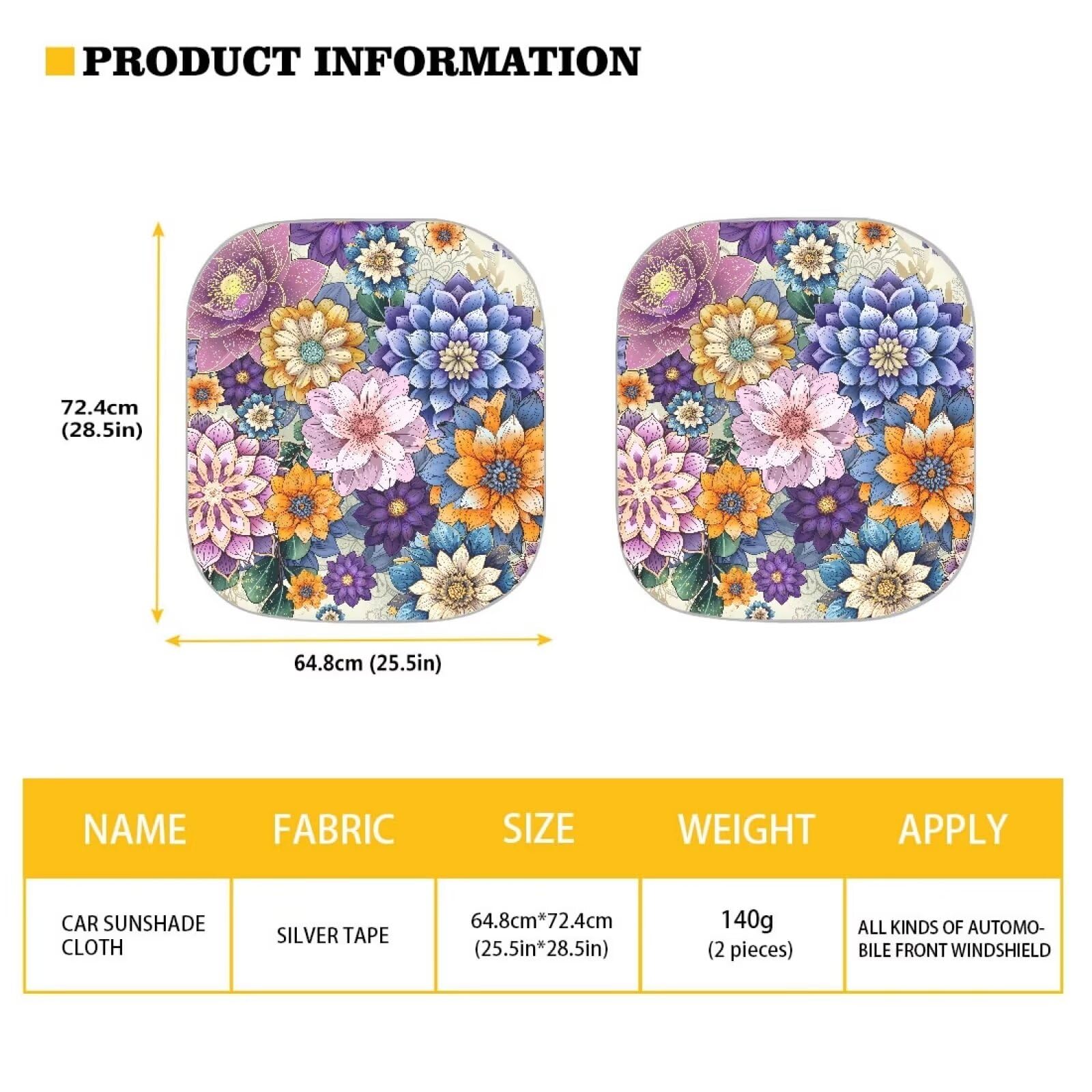 Renewold Car Windshield Sunshade Front Window Sun Shade Set - 2Pcs Bohemian Flower Print Auto Sun Blocker Visor Sun Shield For S