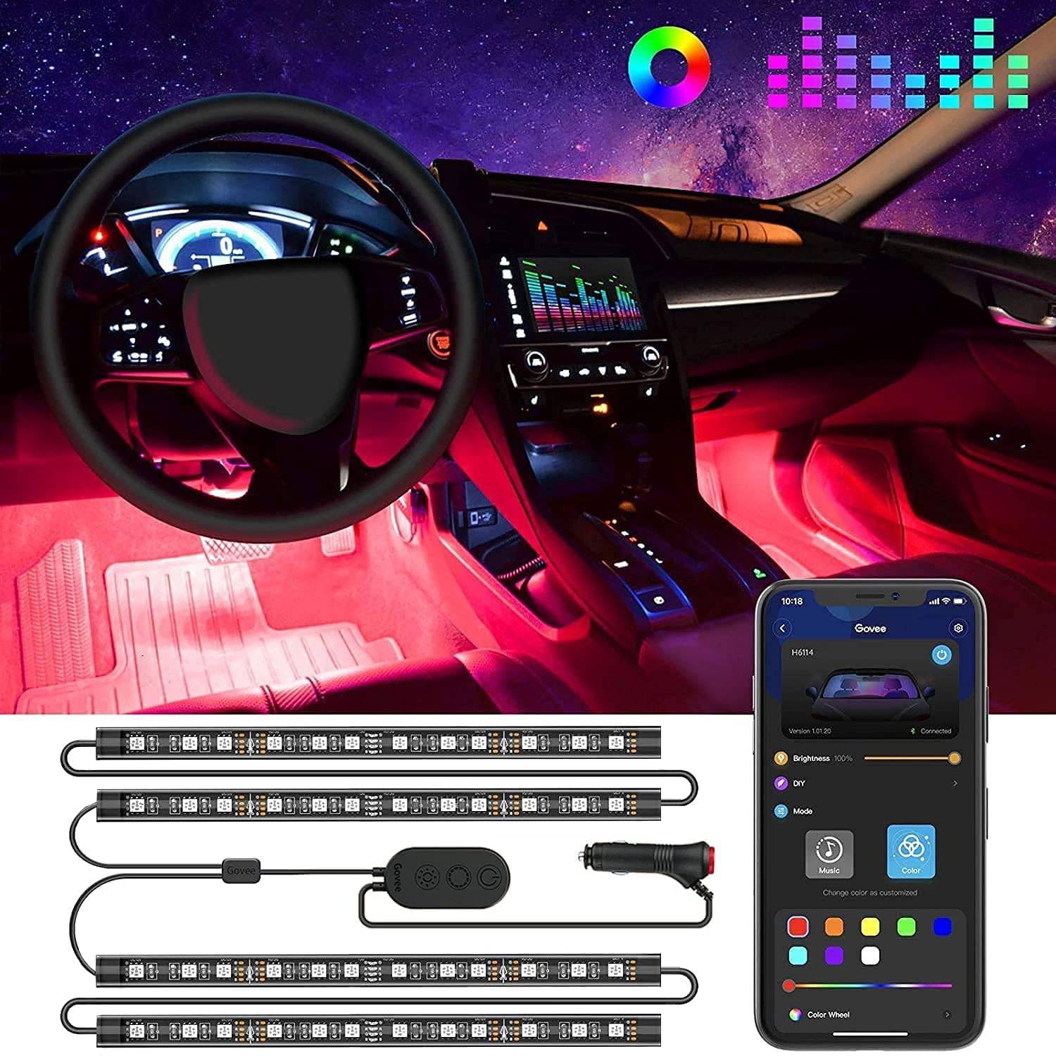 Govee Car Led Lights, Smart Interior Lights With App Control, Rgb Inside Car Lights With Diy Mode And Music Mode, 2 Lines Design