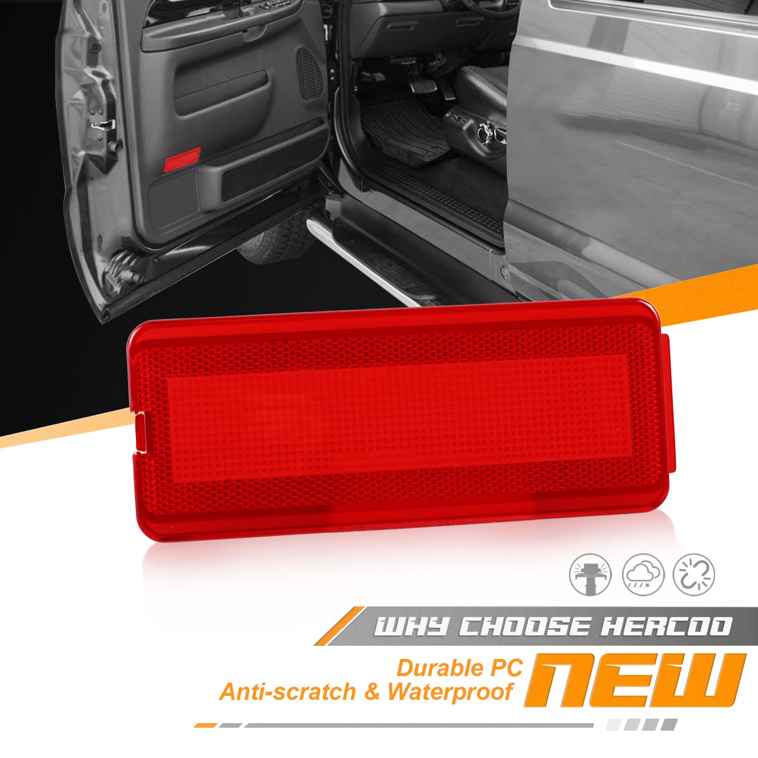 Hercoo Interior Door Reflectors Red Front & Rear Reflector Light Cover Compatible With Ford Excursion 2000 To 2005, F250 F350 F450 F550 Super Duty 1999 To 2007, Pack Of 2