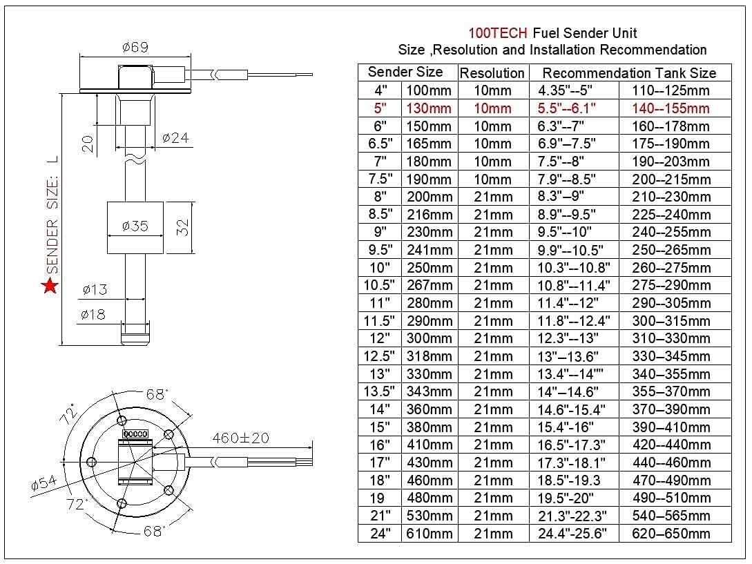 100Tech 5 SUS316 Stainless Steel Marine Fuel Gauge Sending Unit, 240-33 Ohm Kit for Boat, Truck, RV Water Level Sensor