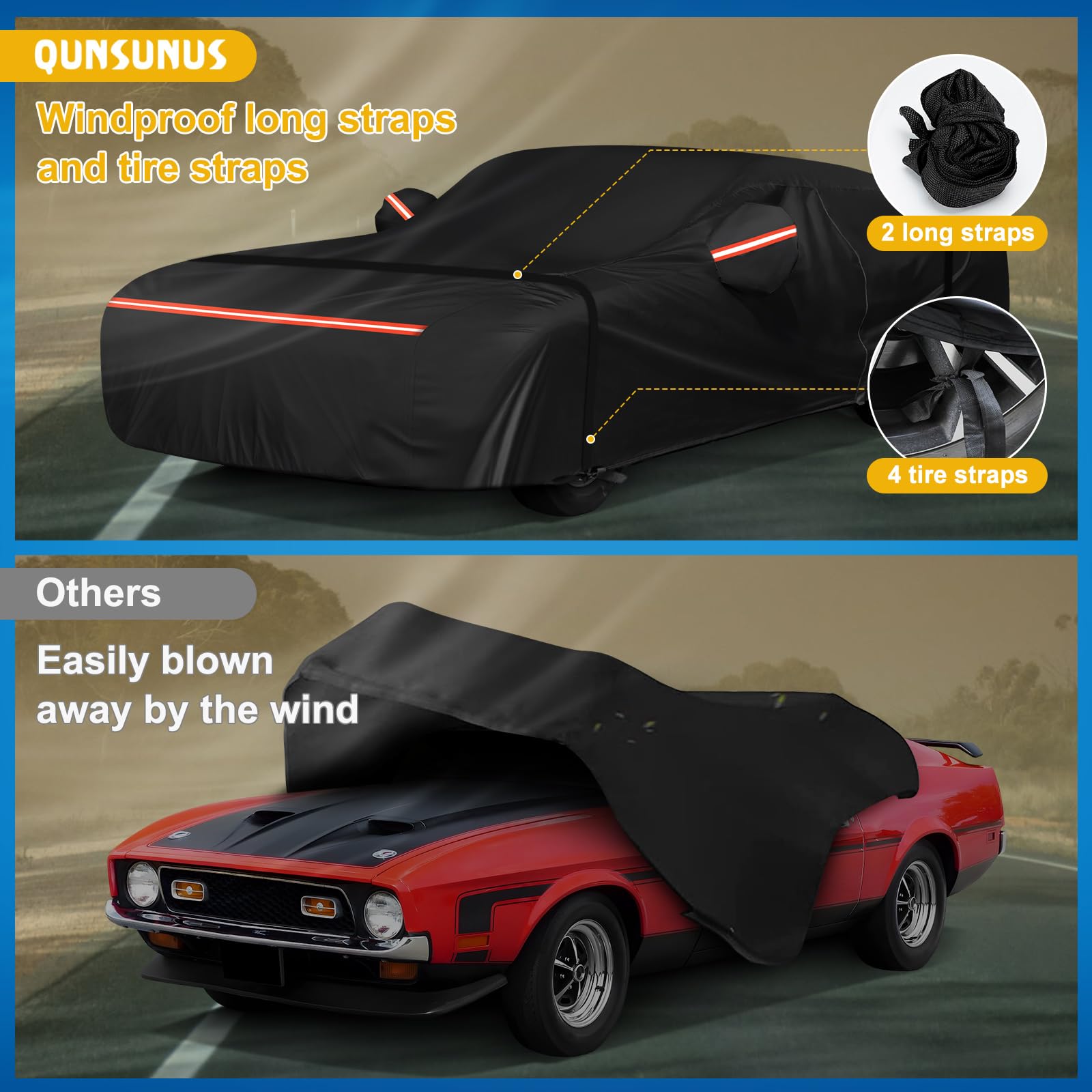 QUNSUNUS Waterproof Car Cover for Ford Mustang 1969-1973, Outdoor Car Covers with Zipper, All Weather Full Exterior Cover with S