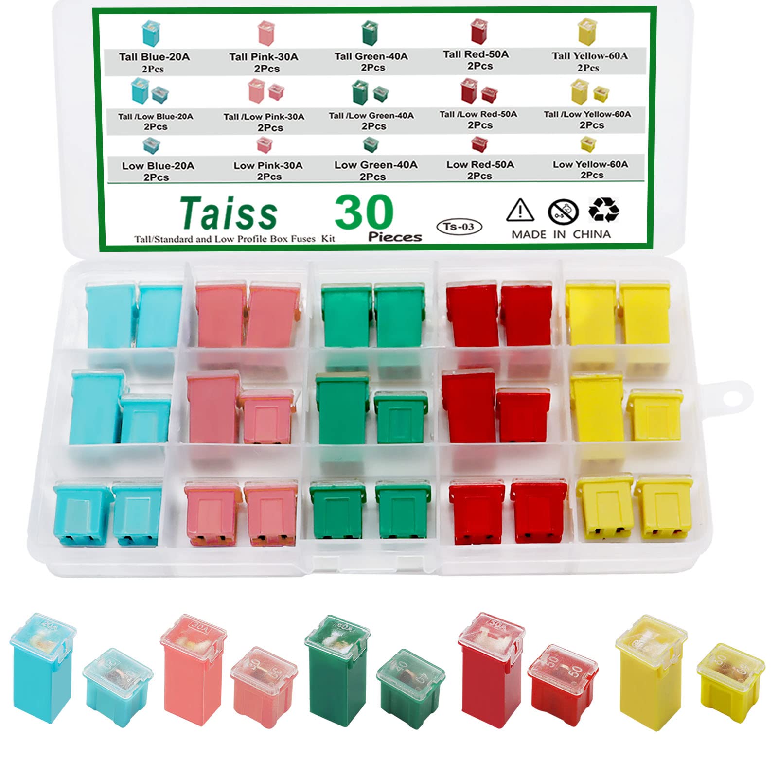 Taiss 30Pcs Automotive Tall/Standard And Low Profile Box Shaped Fuses Assortment Kit, Car Fuses(20A, 30A, 40A, 50A, 60A) Suitable For Chevrolet, Ford, Nissan Pickup Suv And Other Car Fuses