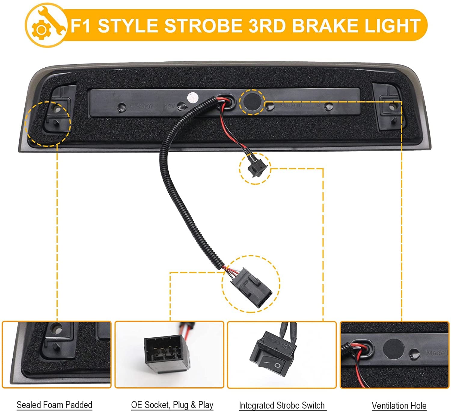 R&F Auto Led Strobe Third Brake Light Compatible With Ram 1500 2500 3500 4500 5500, 2010-2018, F1 Style Red Flash Smoked High Mo