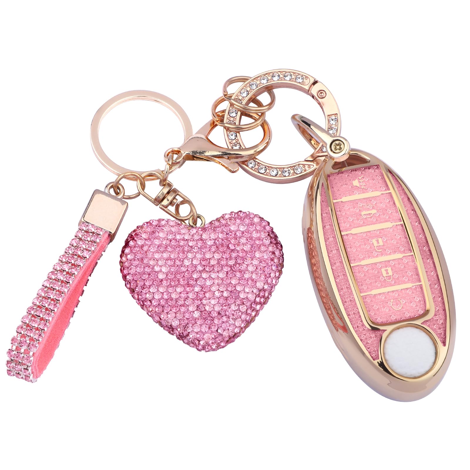 Meruns Compatiable with Nissan 5 Buttons key fob cover with Diamond Bling Keychain, Car Accessories Keys Shell TPU for Altima Se