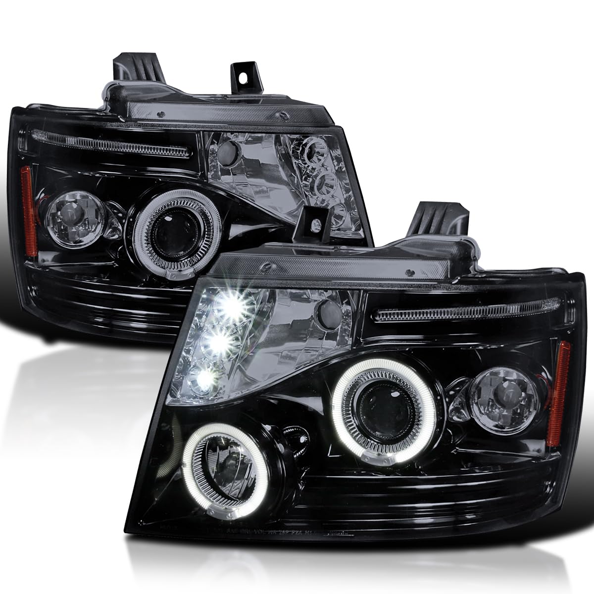 Spec-D Tuning Black Smoke Led Dual Halo Projector Headlights Compatible With 2007-2014 Chevy Avalanche, Tahoe, Suburban 1500 250