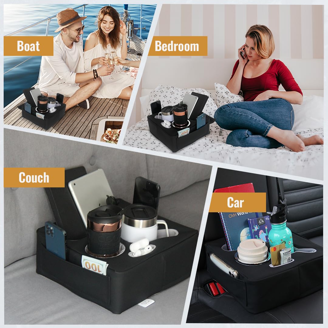 Premium Couch Cup Holder Tray - 5-in-1 Faux Leather Console Caddy for Couch, Bed, Car & RV - Non-Slip, Spill-Resistant Organizer