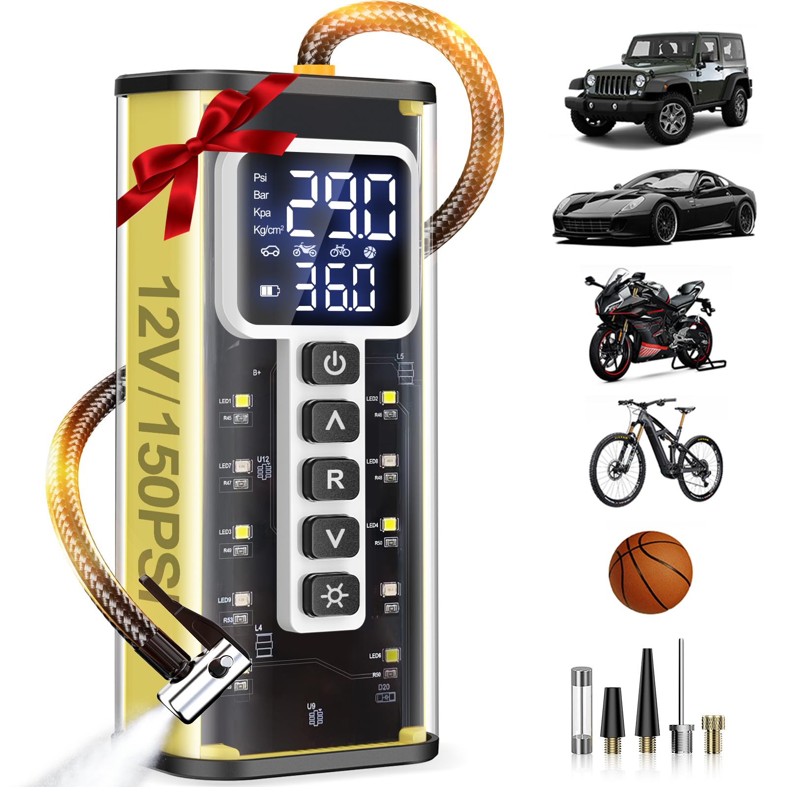 Tire Inflator Portable Air Compressor, 150 PSI Air Compressor for Car Tires, Portable Tire Inflator for Car with Pressure Gauge,