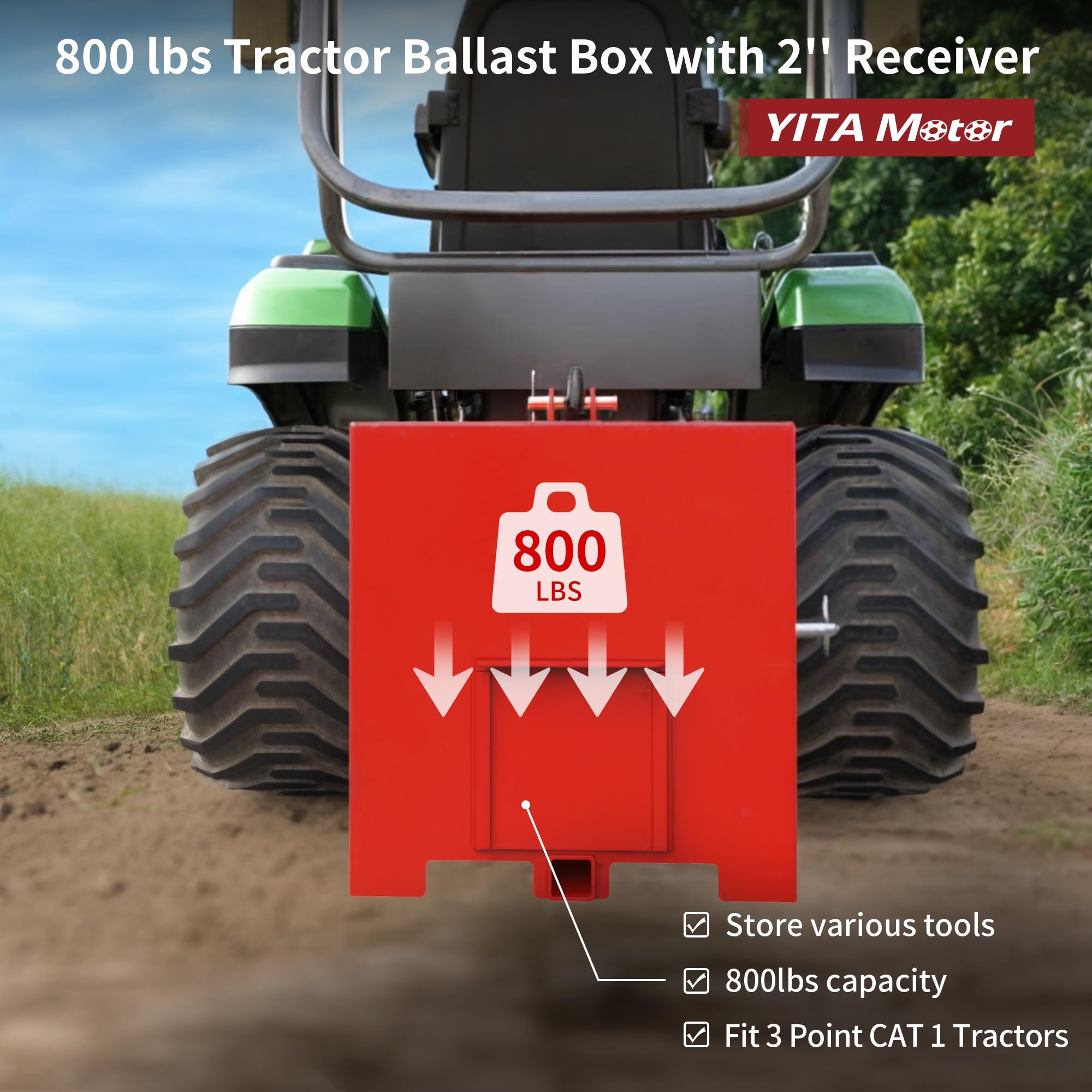 YITAMOTOR 3 Point Hitch Ballast Box, 800 lbs, Alloy Steel, Quick Hitch Receiver, Red, Model MAYIM0VQzt