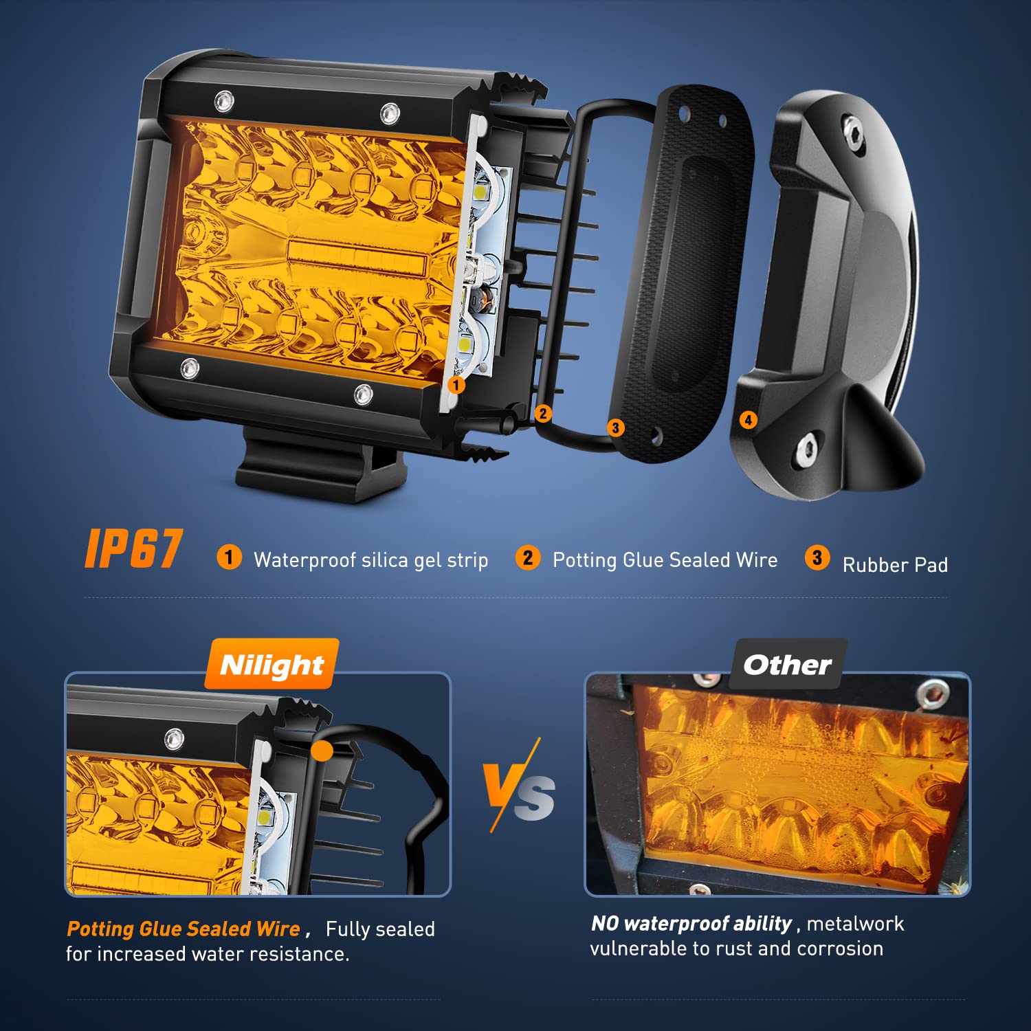 Nilight 2Pc 4Inch Amber Led Pods Triple Row 60W Flood Spot Combo Driving Fog Lights With 16Awg Wiring Harness-2 Leads For Offroa