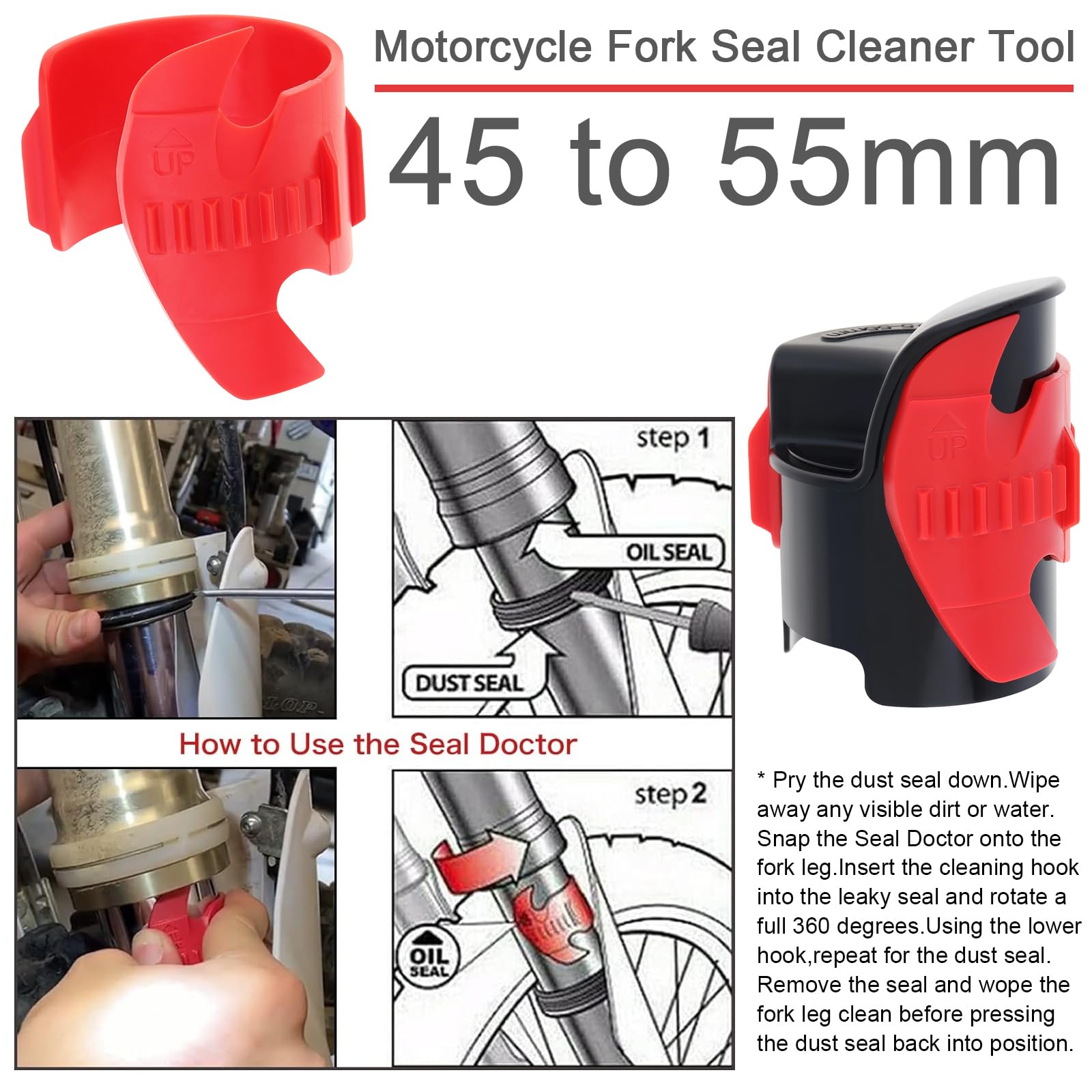 Windance Motorcycle Fork Seal Saver Cleaner,Front Fork Seal Clean Tool, Shock Repairing Absorber Tool 45mm-55mm (Red)