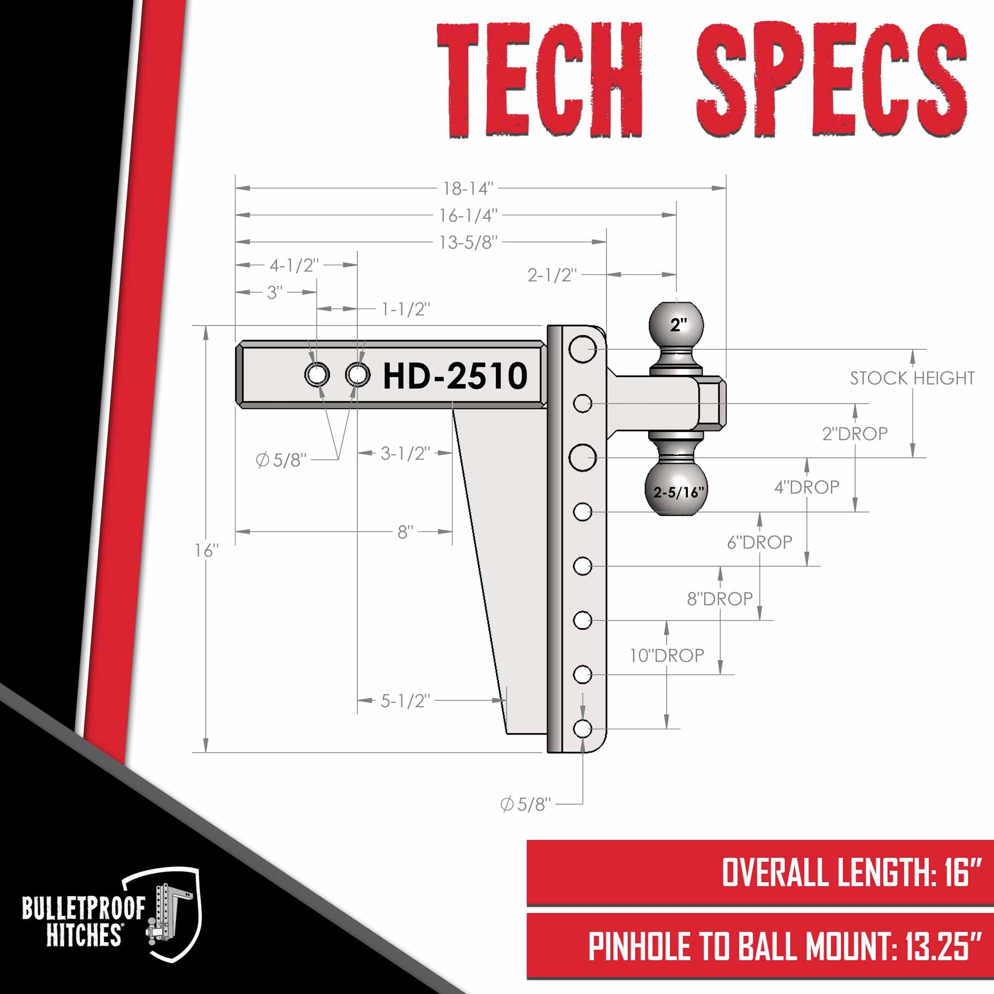 Bulletproof Hitches 2.5'' Adjustable Heavy Duty (22,000Lb Rating) 10'' Drop/Rise Trailer Hitch With 2'' And 2 5/16'' Dual Ball (