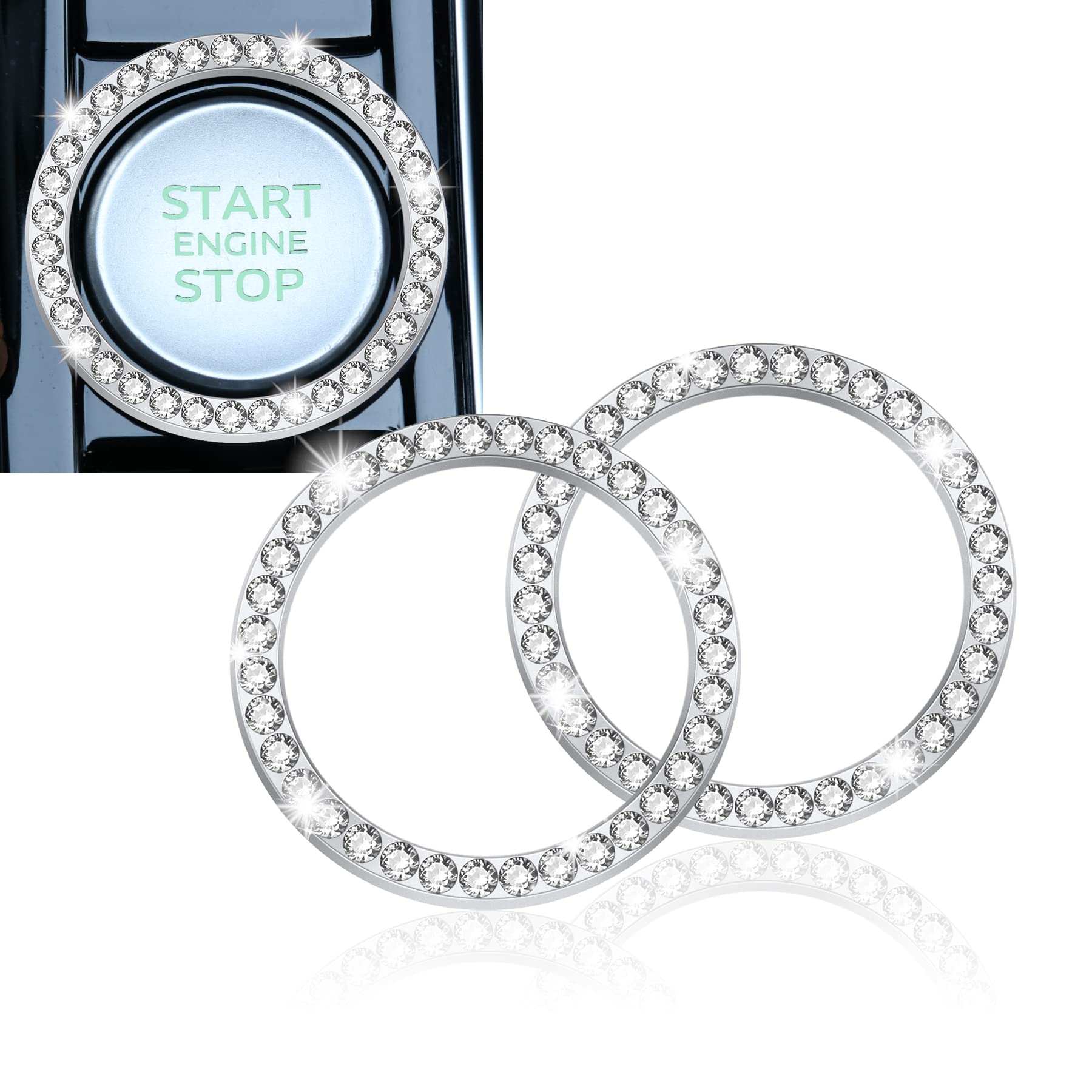 Livtee 2 Pcs Crystal Rhinestone Car Engine Start Stop Decoration Ring, Bling Car Interior Accessories For Women, Push To Start B