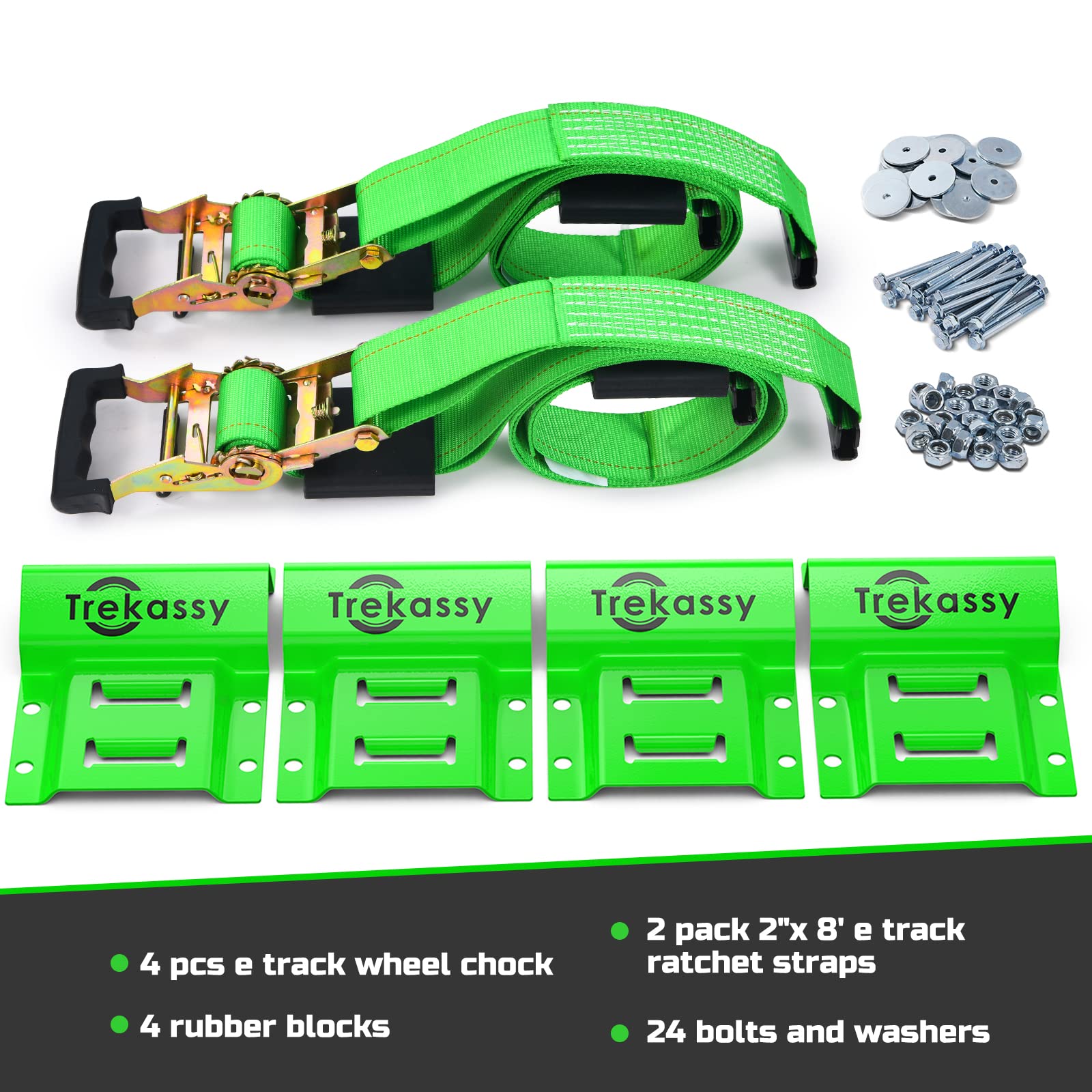 Trekassy Wheel Chock Tie-Down Kit With Rubber Blocks, (4,400Lb Break Strength) Heavy Duty E Track Trailer Tire Straps For Atv, Utv, Lawn Mower- 2 Pack