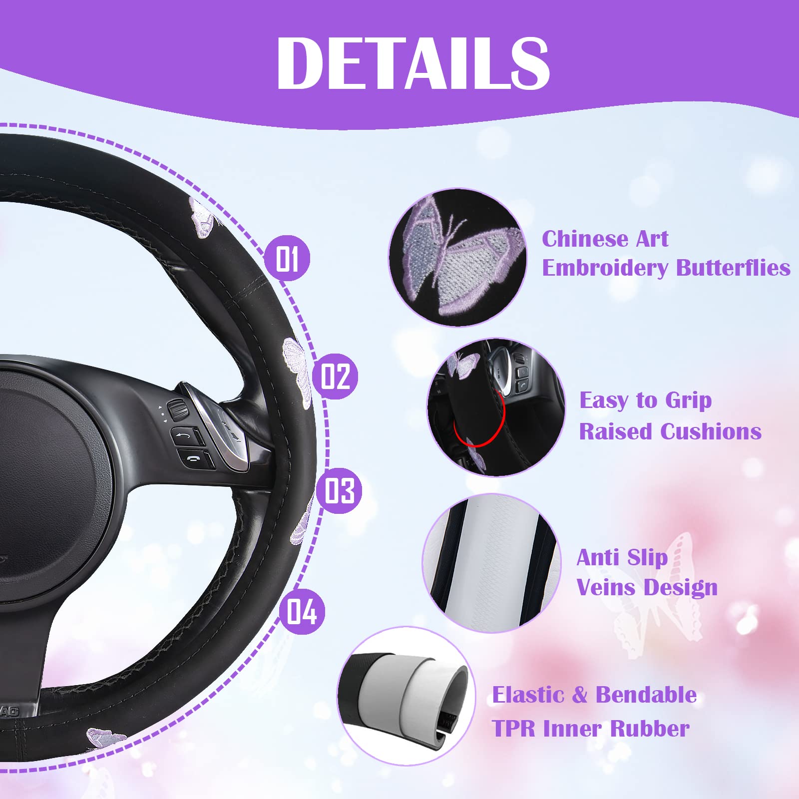 Car Pass Purple Embroidery Butterfly Steering Wheel Cover, Universal 15 Inch Car Wheel Cover for Women Girls, Fit for Suvs,Small