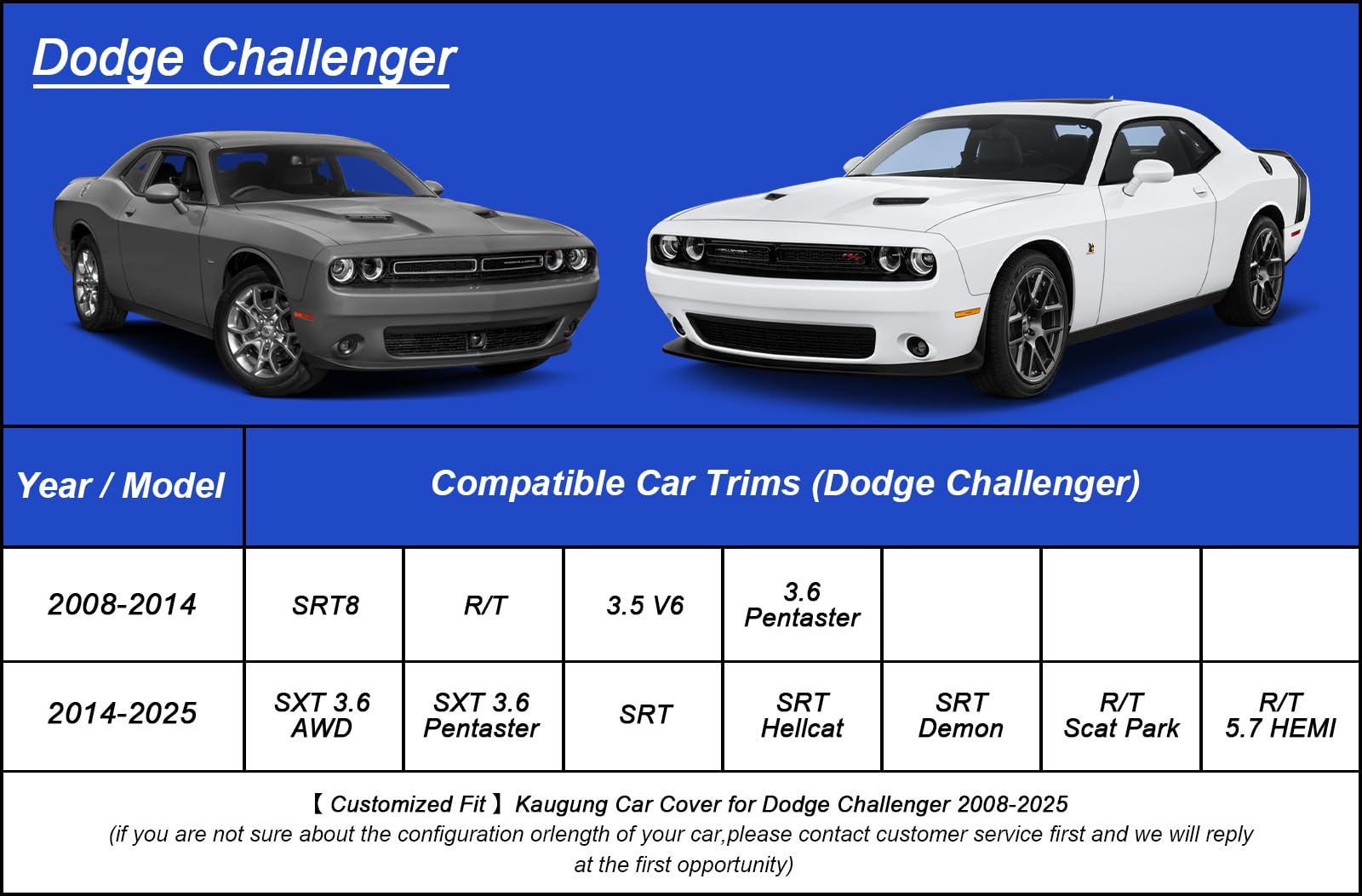 Kaugung Car Cover Waterproof Custom Fit Dodge Challenger(2008-2025), Full Exterior Cover For Automobiles Lightweight Resistant O