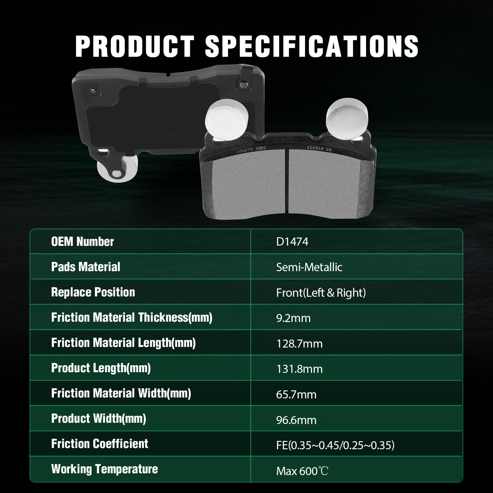 Automuto 4Pcs Front Semi-Metallic Disc Brake Pads Set D1474 For Chevrolet Camaro 2010-2015