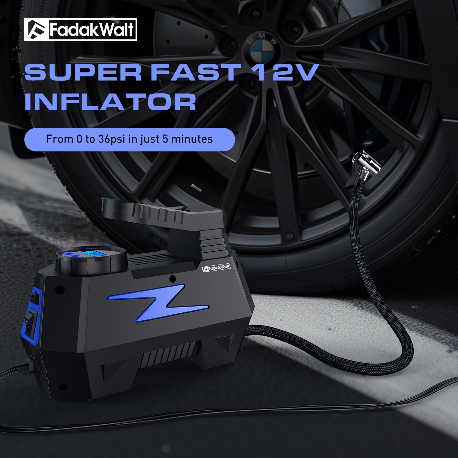 Fadakwalt Tire Inflator Portable Air Compressor, Dc 12V Tire Air Pump With Led And 150Psi Digital Pressure Gauge, Portable Tire