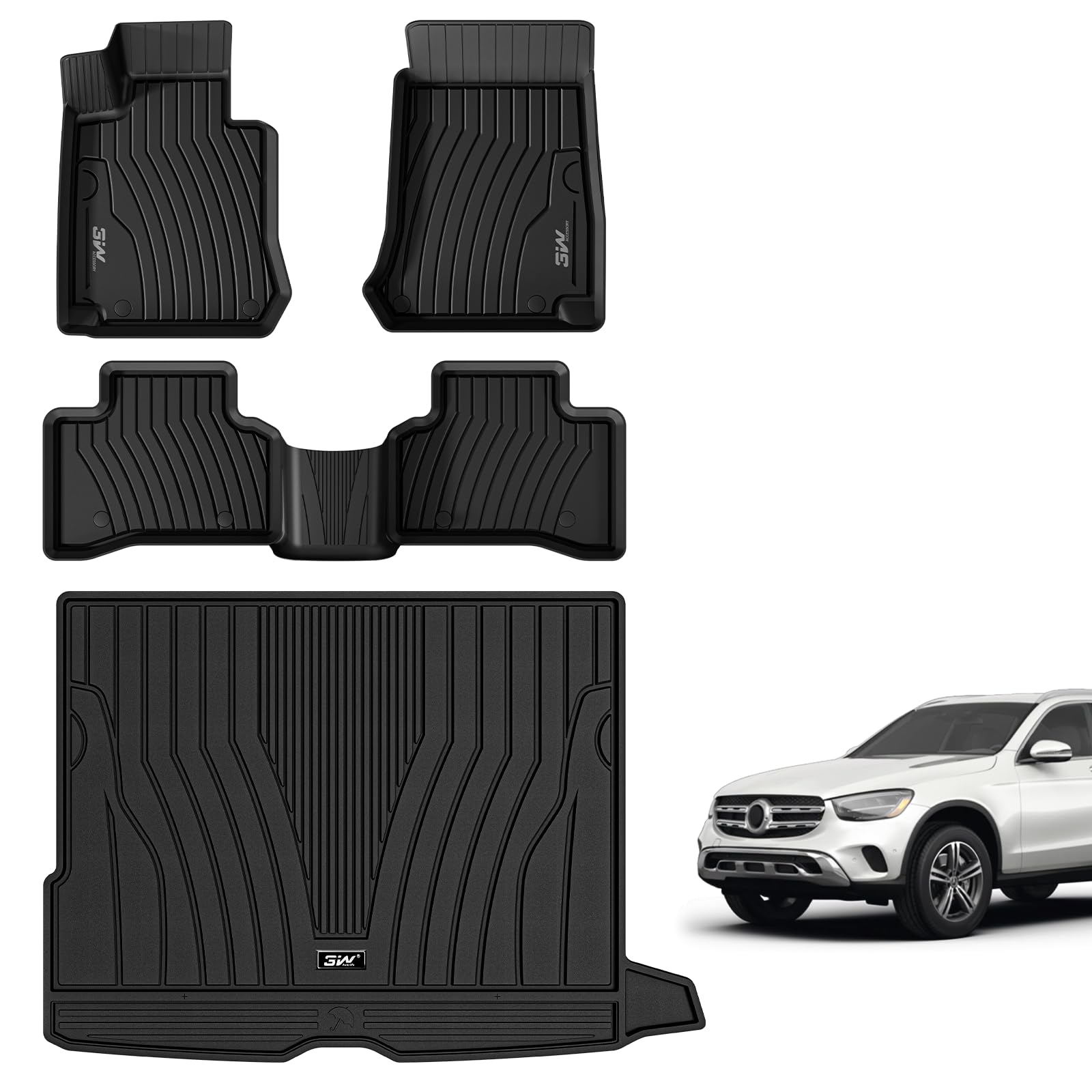 3W Floor Mats And Cargo Liner Compatible For Mercedes Benz Glc 2016-2022 (Not Fit Coupe Series) Tpe All Weather Custom Fit Glc300 Floor Liner And Cargo Mats 1St 2Nd Rows Car Mats And Trunk Liner Black
