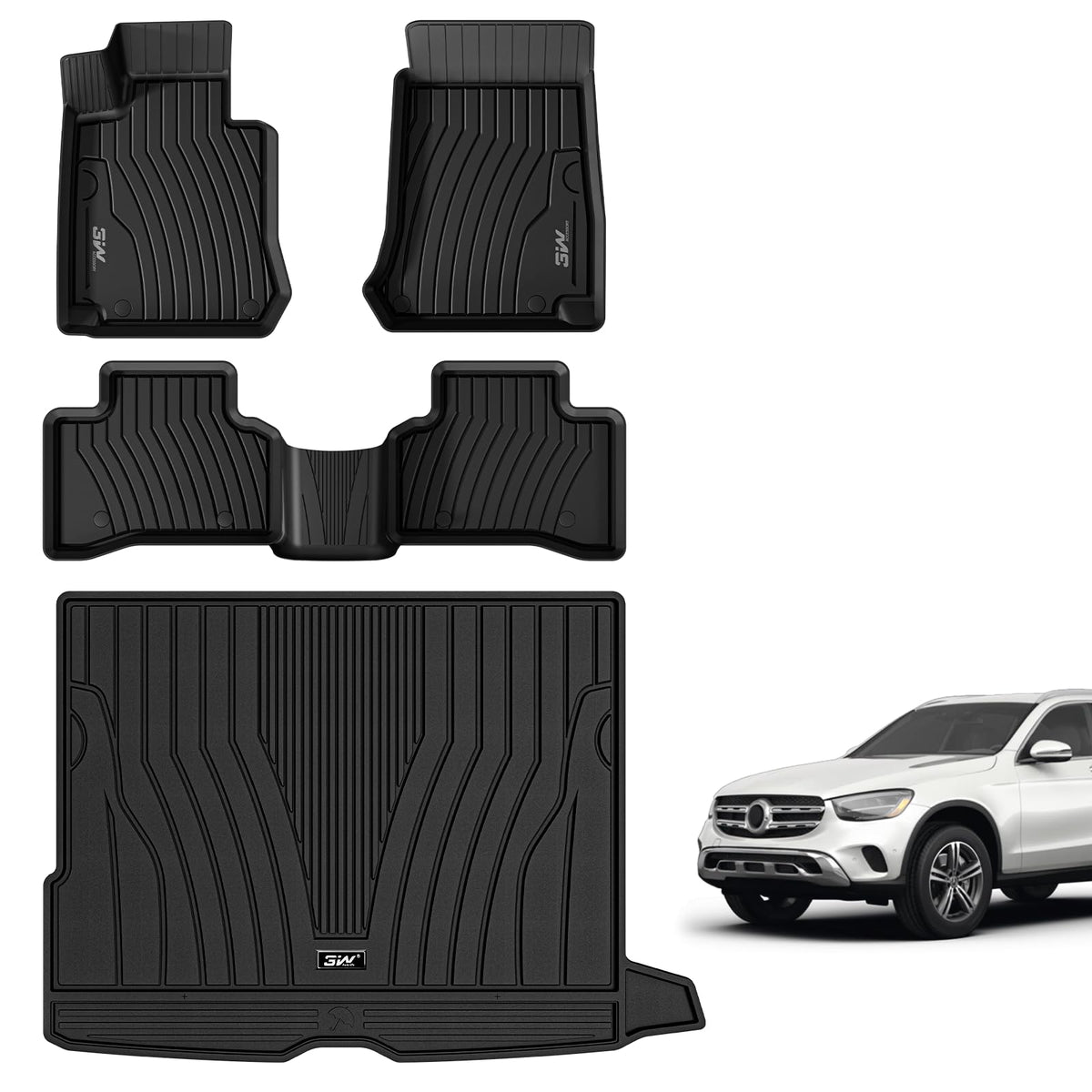 3W Floor Mats And Cargo Liner Compatible For Mercedes Benz Glc 2016-2022 (Not Fit Coupe Series) Tpe All Weather Custom Fit Glc300 Floor Liner And Cargo Mats 1St 2Nd Rows Car Mats And Trunk Liner Black