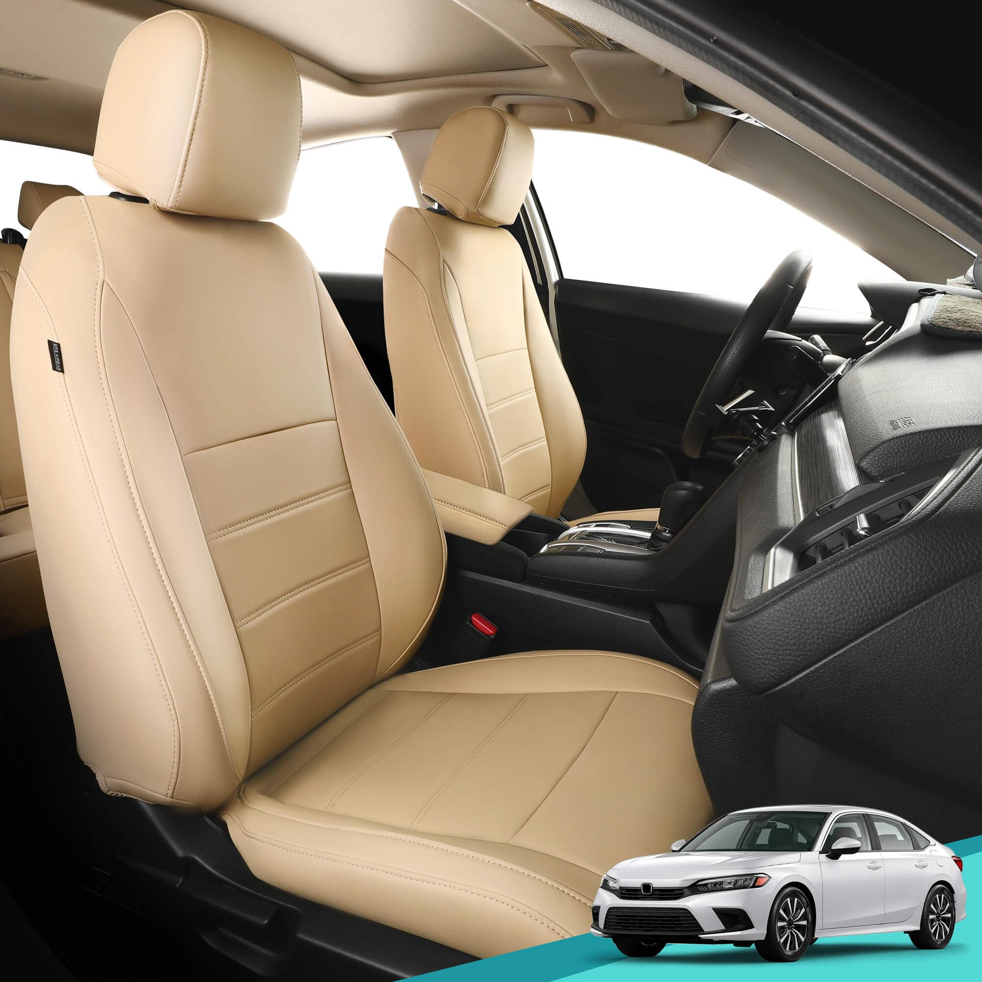 FEINEPRO Seat Covers for Honda Civic Sedan 4DR Sedan EX 2022 2023 2024, Beige Leather Car Seats Cover Full Set for car