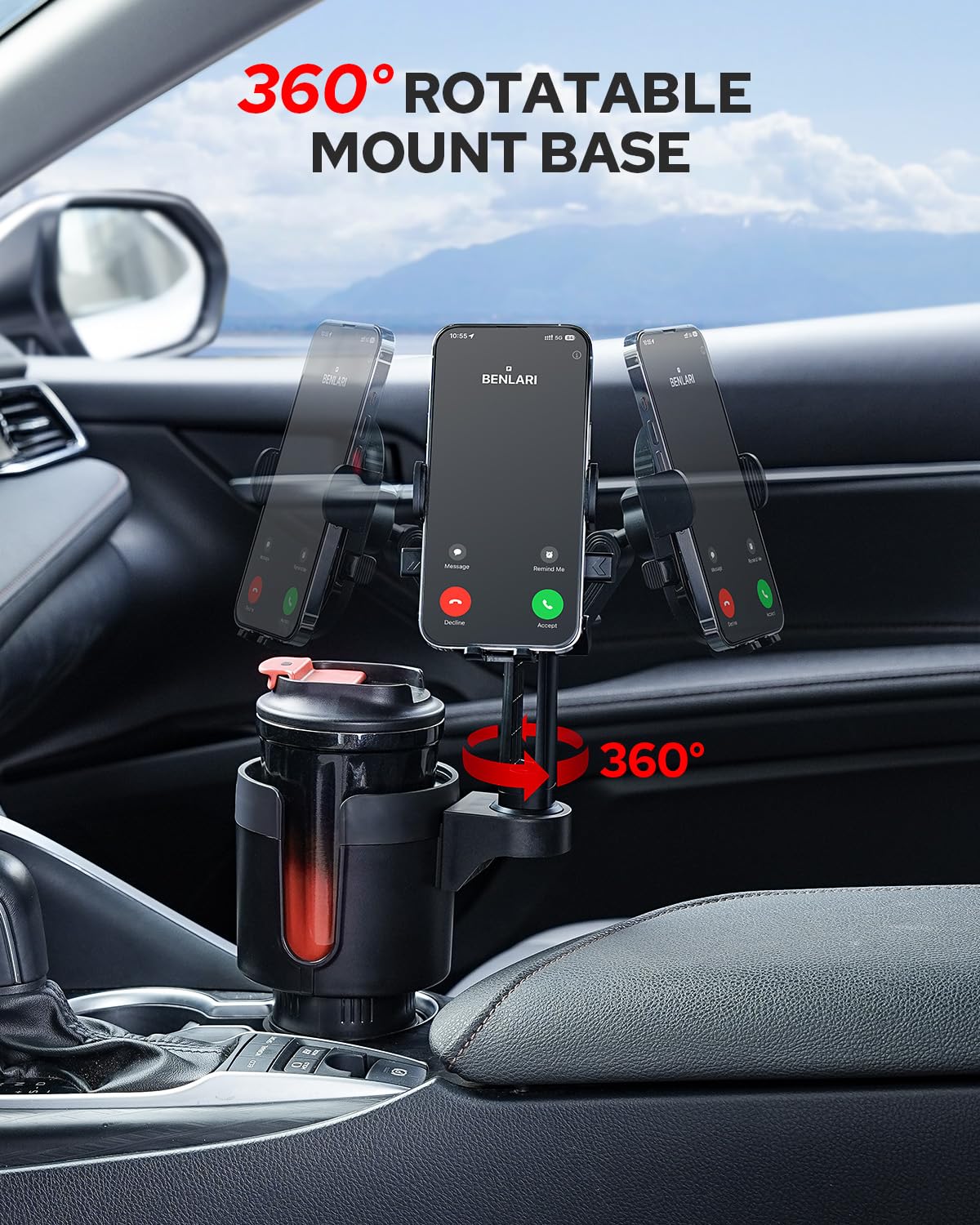 Benlari Upgraded Car Phone Holder - 2 in 1 Adjustable Cup Holder Expander Support 360 Degree Rotation - Car Cup Holder Phone Mou