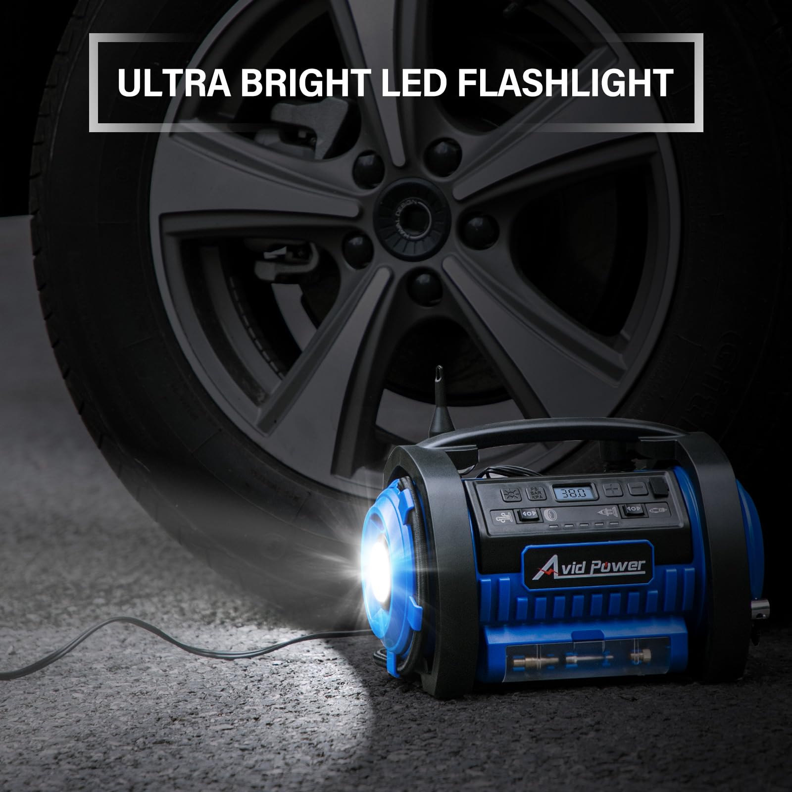 Avid Power Tire Inflator Portable Air Compressor, 12V Dc / 120V Ac Car Tire Pump, Air Mattress Pump With Inflation And Deflation Modes, Dual Powerful Motors, Digital Pressure Gauge