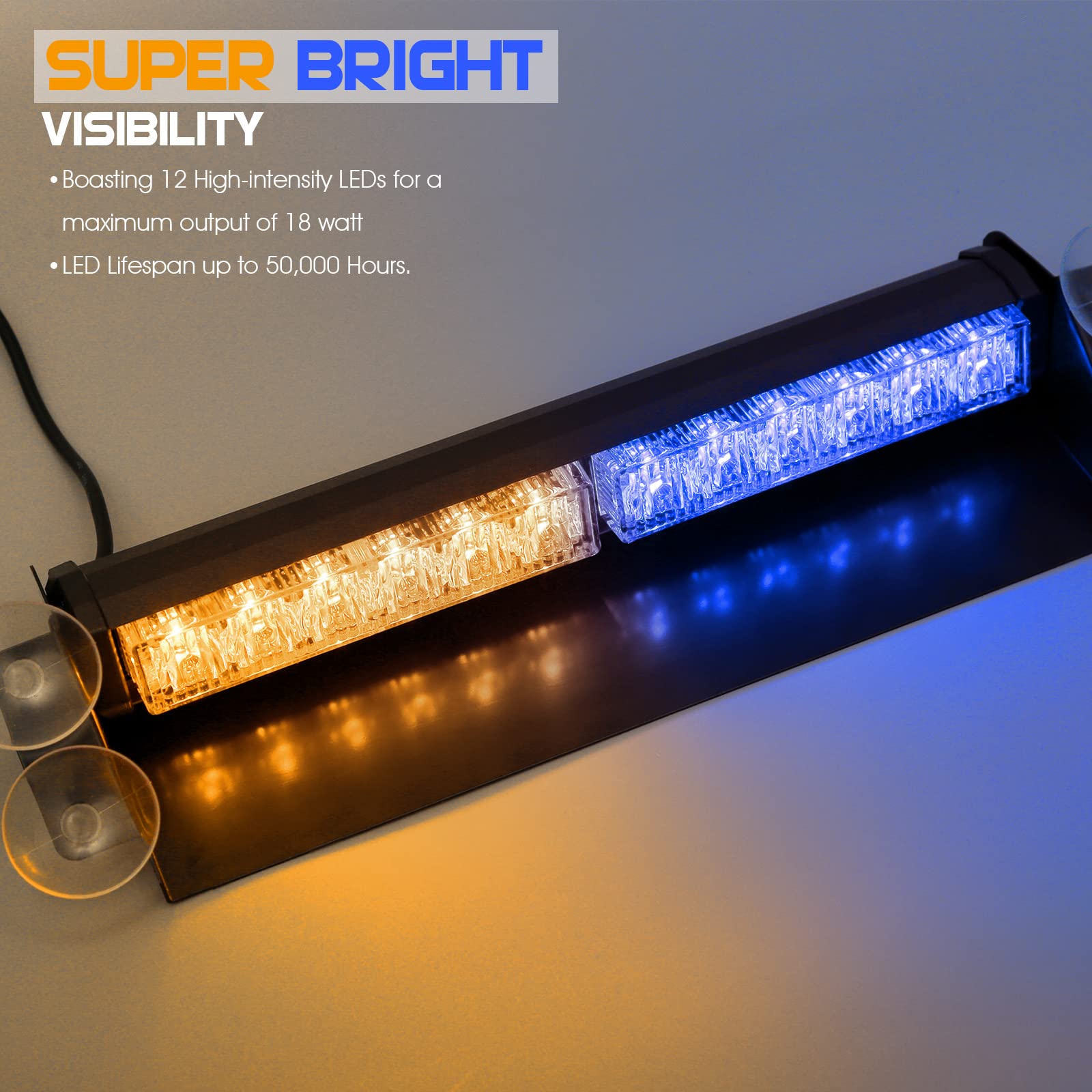 Booyu 14.8In Led Windshield Emergency Strobe Dash Light Bar 12/24V Interior Visor Deck Flashing Hazard Safety Warning Lights For Police Law Enforcement Pov Trucks Vehicles [Amber/Blue][12 Leds][18W]