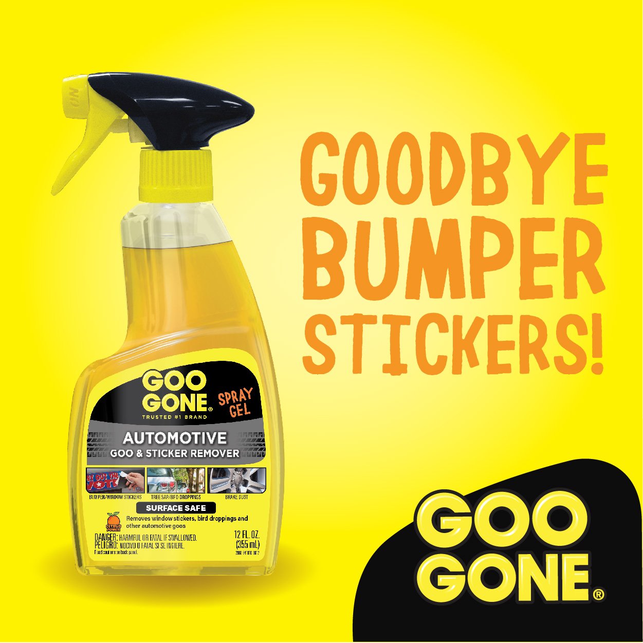 Goo Gone Automotive Cleaner - 12 Fl Oz, Yellow, Removes Bugs & Stickers for Auto Interiors, Bodies, and Rims