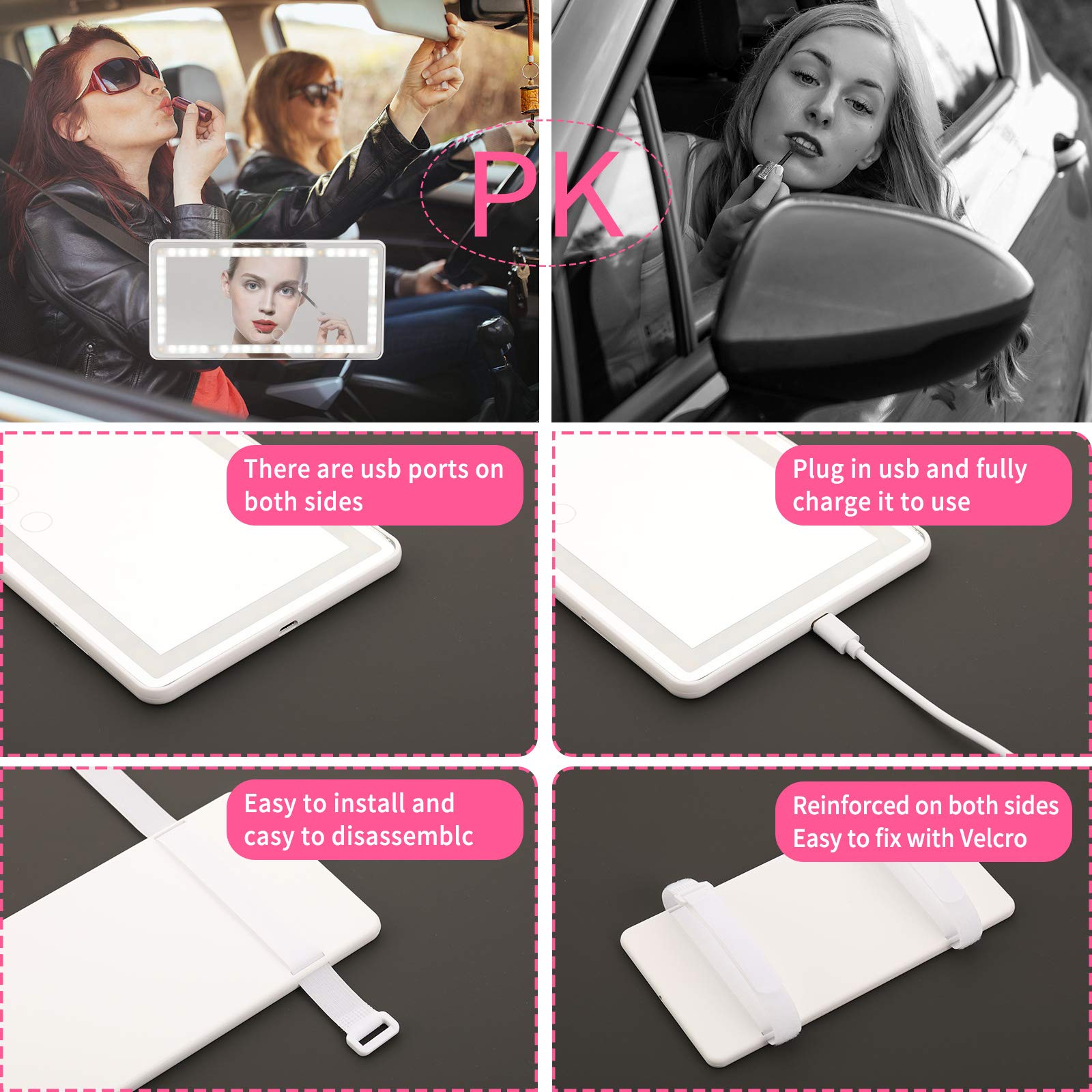 Car Sun Visor Vanity Mirror With 60 Leds & 3 Light Modes - Rechargeable Dimmable Touch Screen, Universal Fit For Car Truck Suv, Lighted Makeup Mirror Accessories For Women Girls (White)