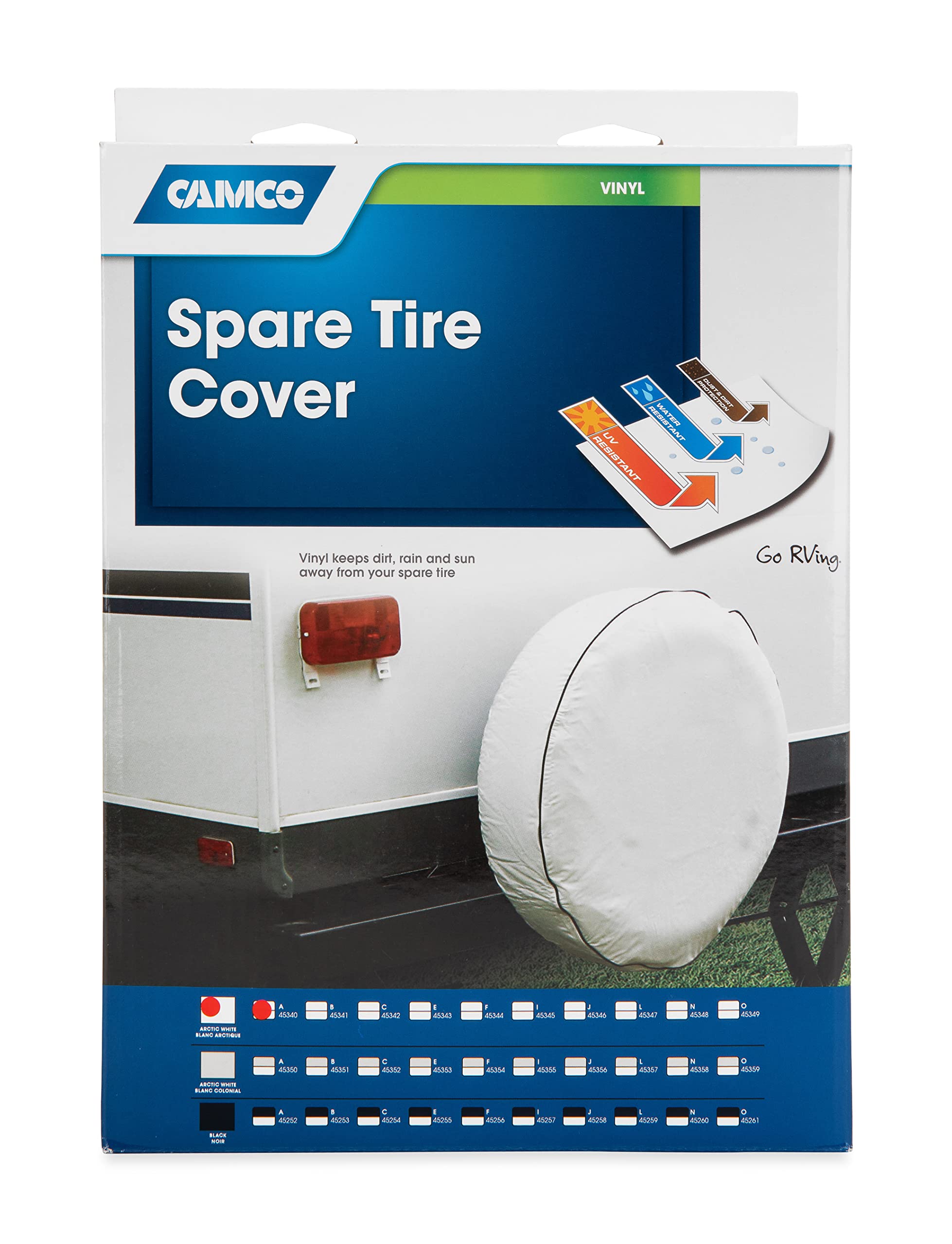 Camco Camper/Rv Spare Tire Cover | Features Arctic White Vinyl & Heavy Duty Nylon Thread For Weatherproof Seams | Fits 34-Inch D