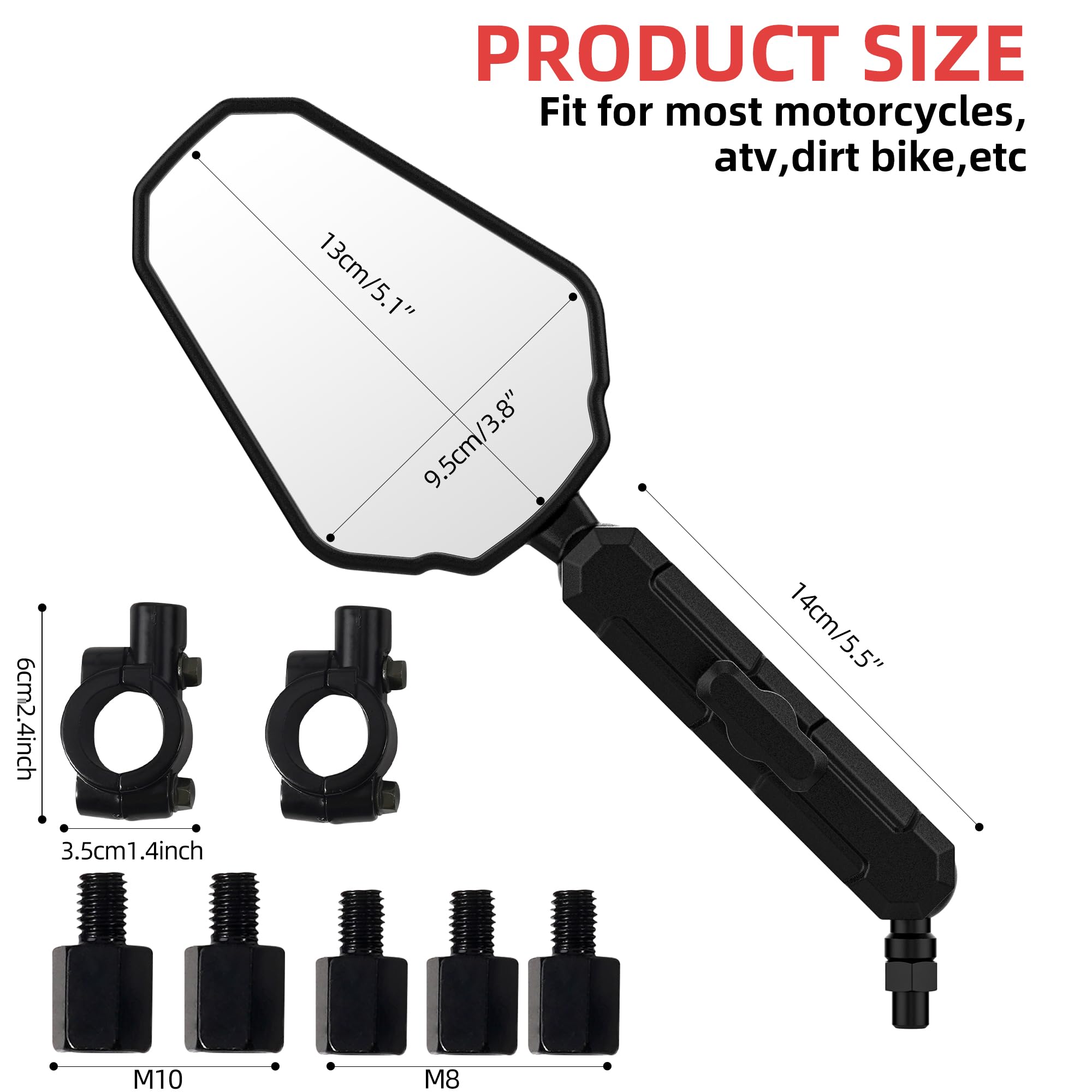 Tewgug Upgraded Universal Motorcycle Mirror,Adventure Ball-Head Atv Rear View Mirror No Vibration & Wobble With 8/10Mm Screw And 7/8' Handlebar Aluminum Mount Compatible With Atv Dirt Bike And More