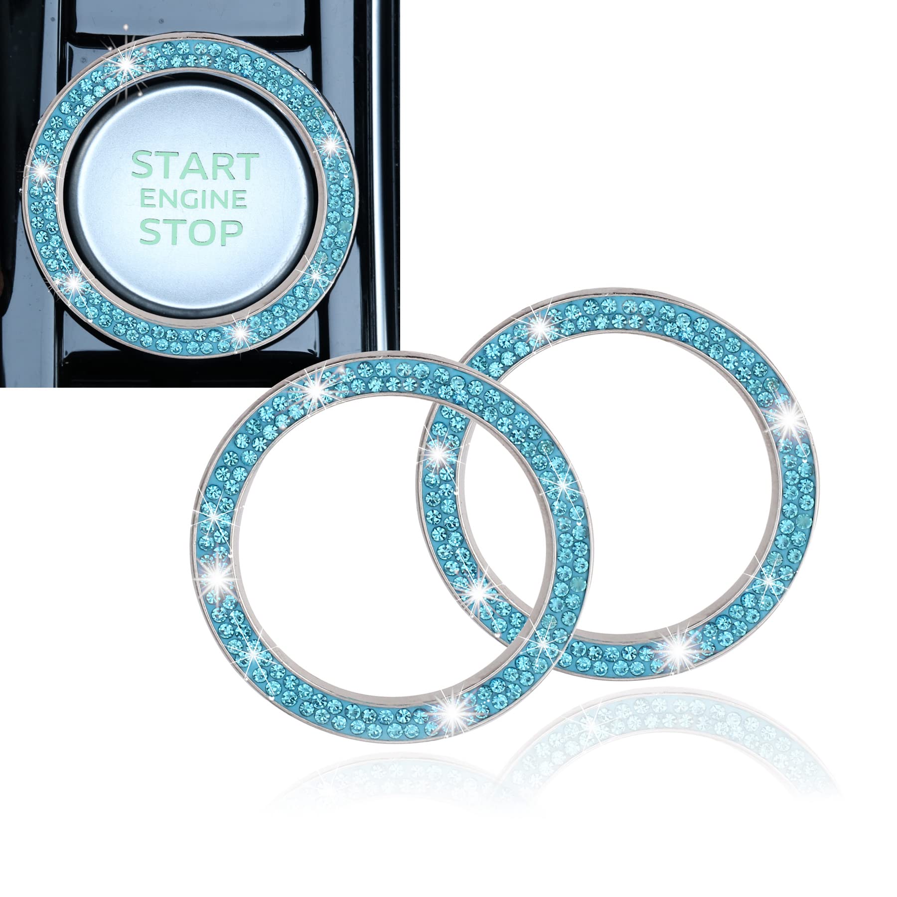 Livtee 2 Pcs Crystal Double Rhinestone Car Engine Start Stop Decoration Ring, Bling Car Interior Accessories For Women, Push To Start Button Cover/Sticker, Key Ignition & Knob Bling Ring, Cyan