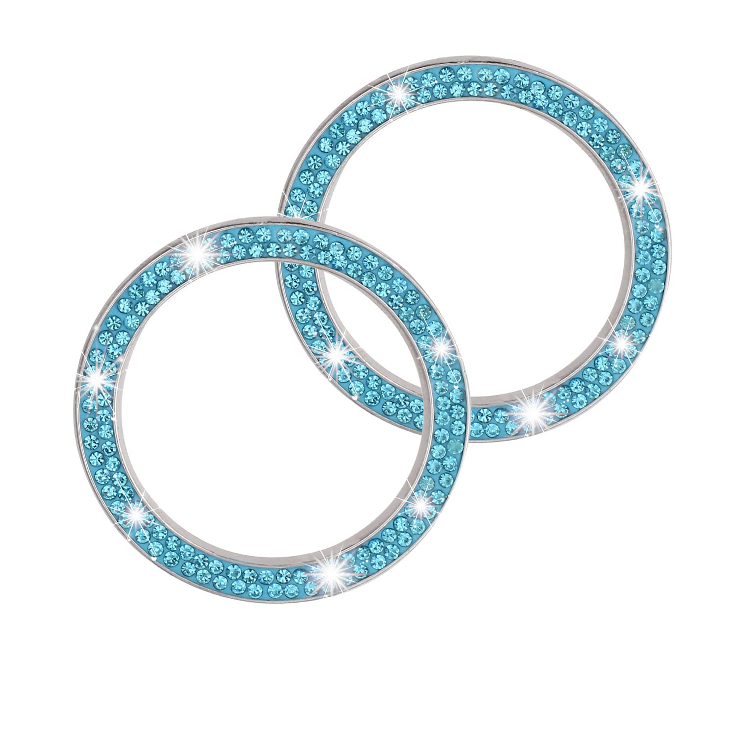 Livtee 2 Pcs Crystal Double Rhinestone Car Engine Start Stop Decoration Ring, Bling Car Interior Accessories For Women, Push To Start Button Cover/Sticker, Key Ignition & Knob Bling Ring, Cyan