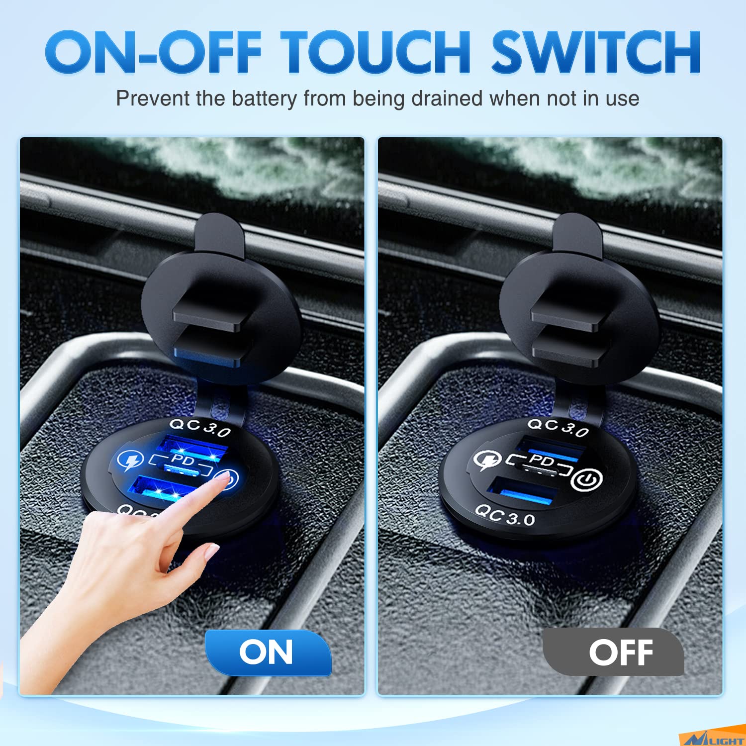 Nilight Quick Charge Socket PD Type C and QC3.0 Dual USB Charger 12V 24V Car Outlet ON Off Touch Switch Fused Wire Kit for Cars