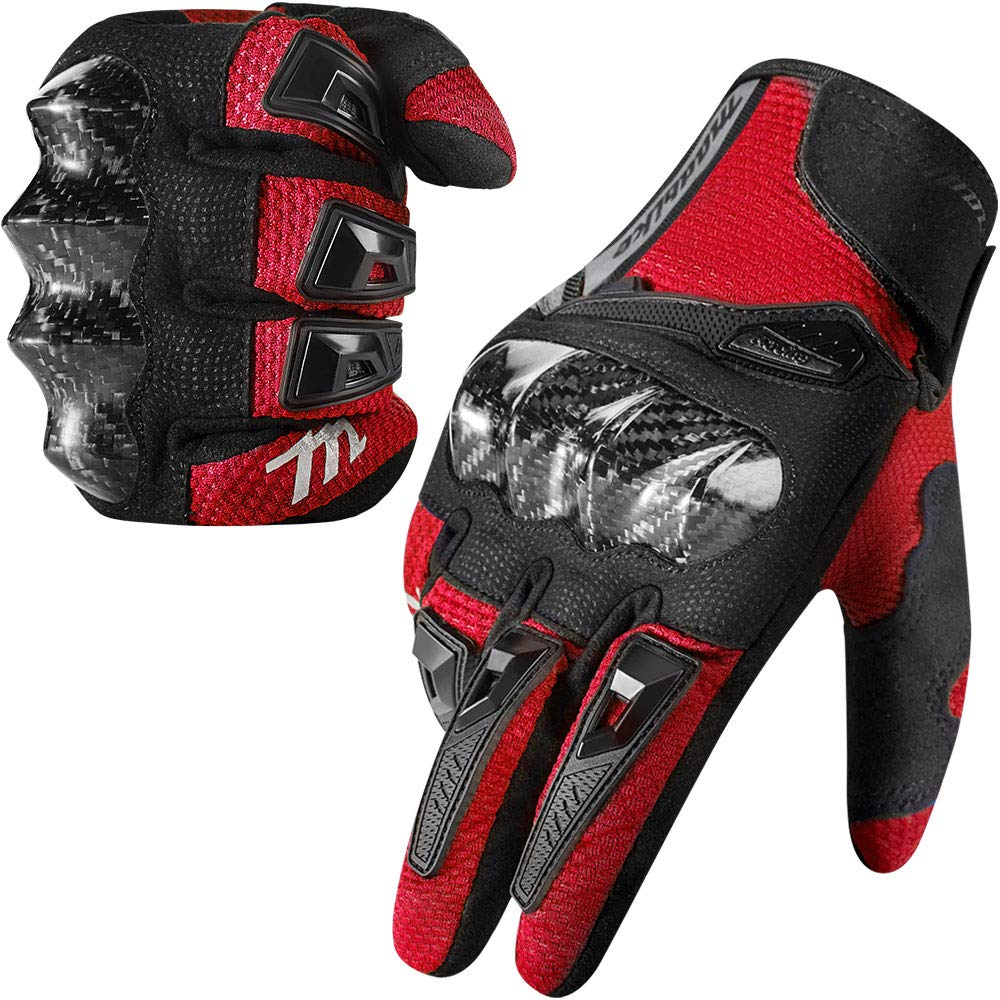 Madbike Motorcycle Gloves For Men Women Touchscreen Motocross Dirt Bike Riding Gloves With Carbon Fiber Protective Hard Knuckles Model Md66(Red, Medium)