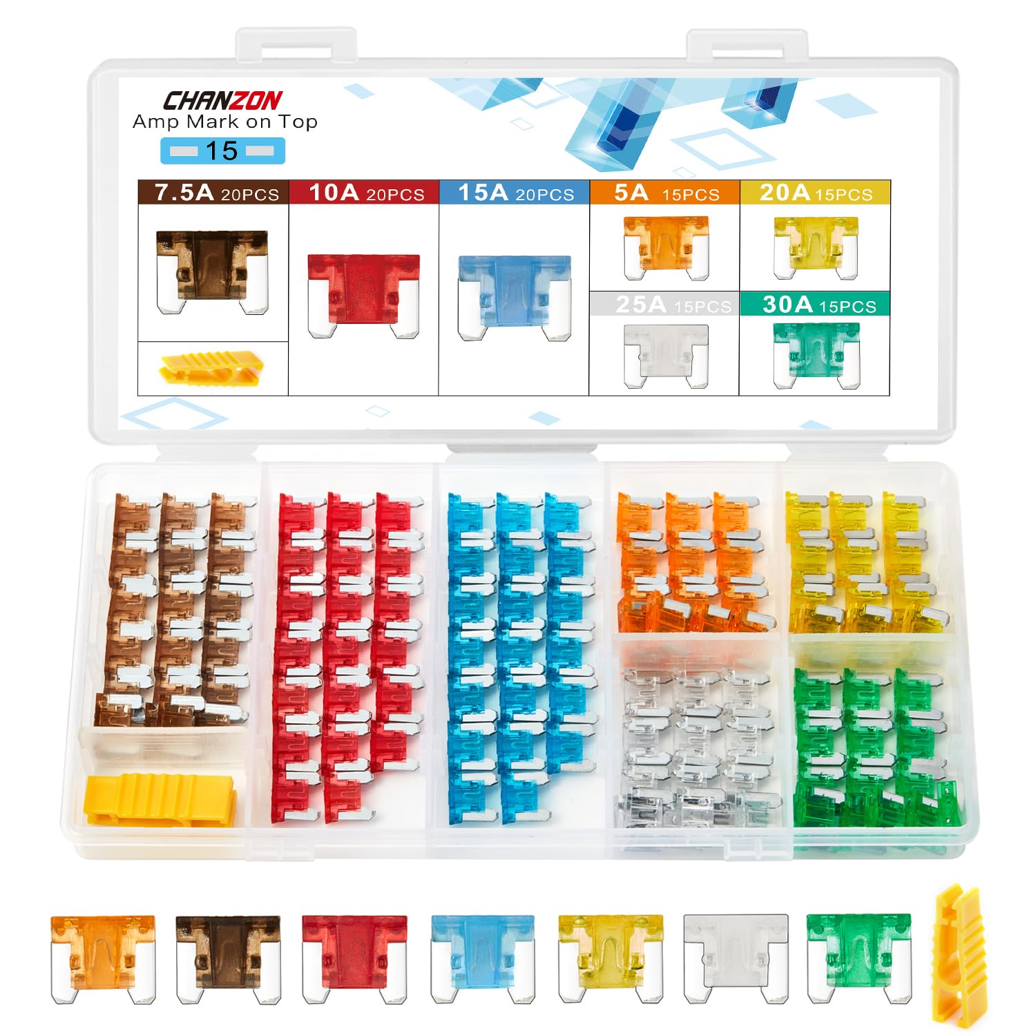 Chanzon 120Pcs Micro Low Profile Mini Blade Fuse Assortment Kit Box (5A 7.5A 10A 15A 20A 25A 30A) For Auto Car Truck Rv Automoti