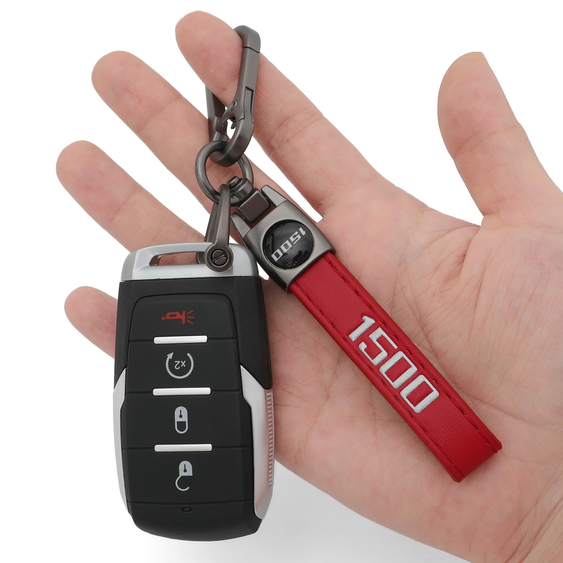 LINOAH Key Chain for Ram 1500 Leather Car Keychain, Compatiable With Dodge Ram 1500 Accessories, Red Key Chain with 360 Degree R