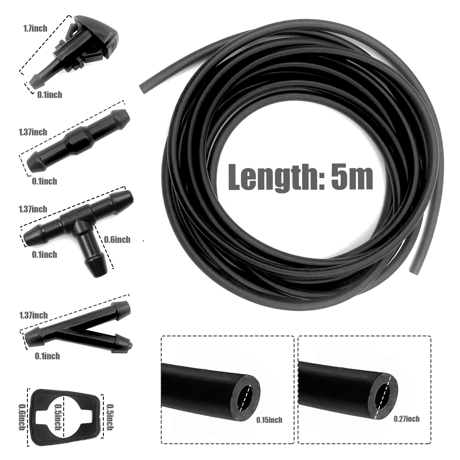 Windshield Washer Hose Kit, 5M Washer Fluid Hose+12 Pcs Hose Connectors+2 Fan Nozzles+2 Rubber Gaskets, Connect Car Water Pump And Nozzles, Suitable For Most Car Windshield Washer Tubing