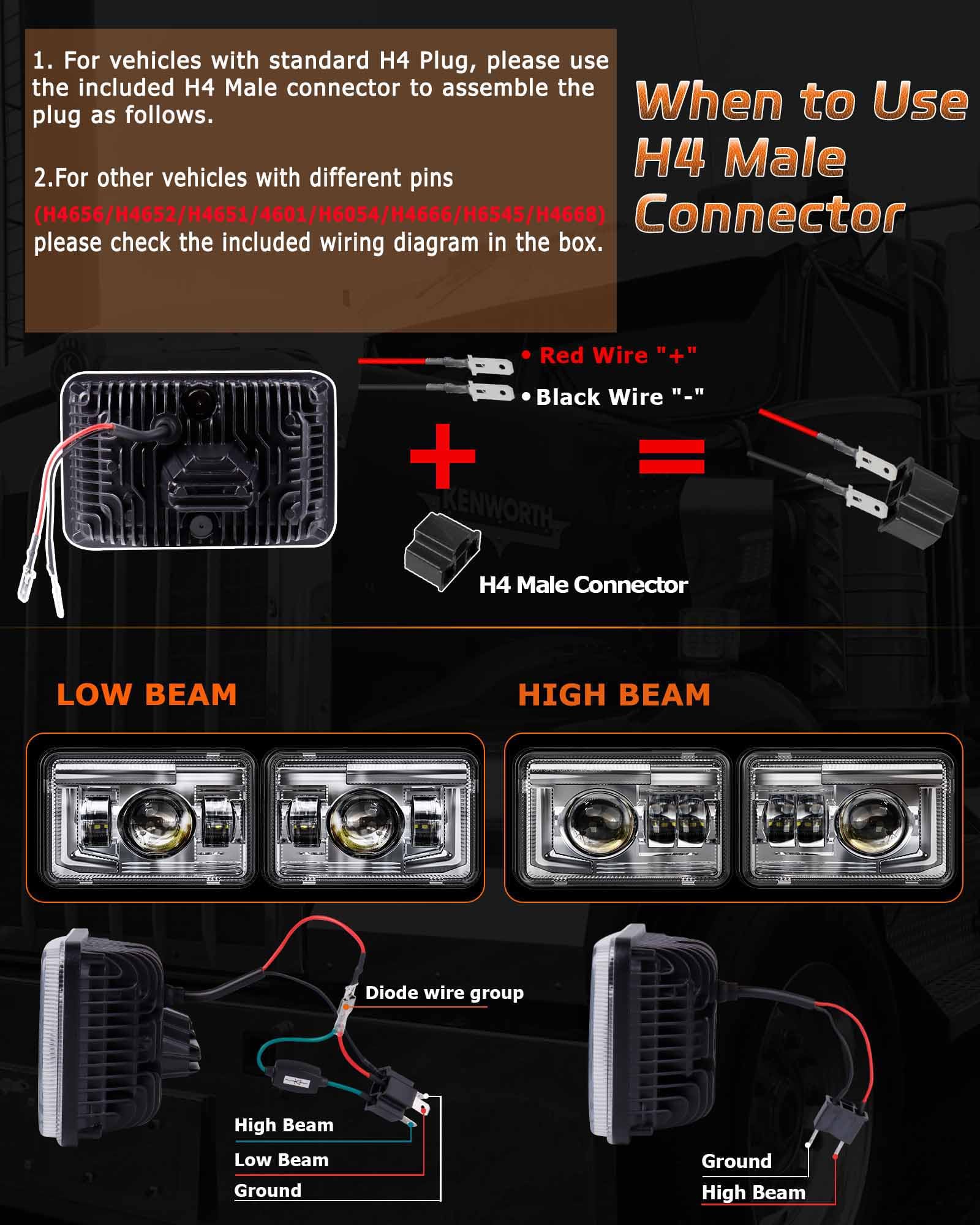 Z-Offroad Dot Approved 4X6 Led Headlights Assembly Hi/Lo Sealed Beam Compatible With Kw T800 T600 Peterbilt 379 Freightliner Che