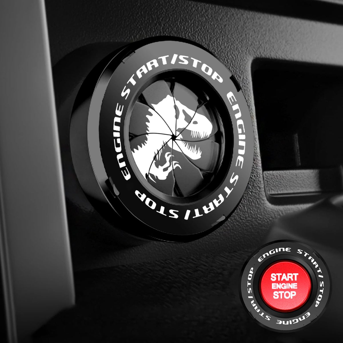 Tybasthe Rotary Push Start Button Cover, Jurrasic Park Car Accessories Engine Start Stop Button Cover, Car Stickers Interior Dec