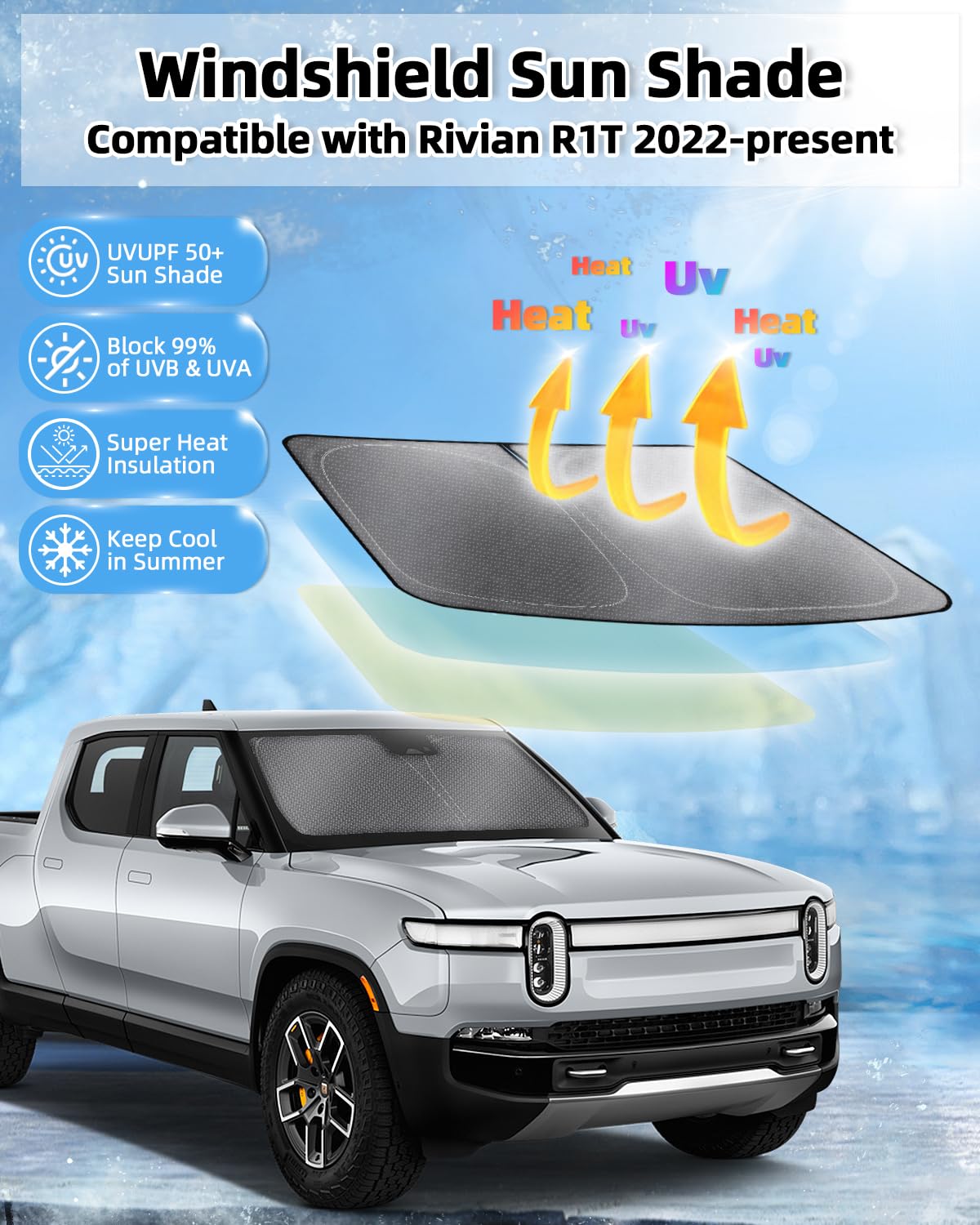 Mixsuper Liner Windshield Sun Shade For Rivian R1T 2022-2023 2024 2025 Windshield Sunshades Front Window Sun Shades Cover For R1