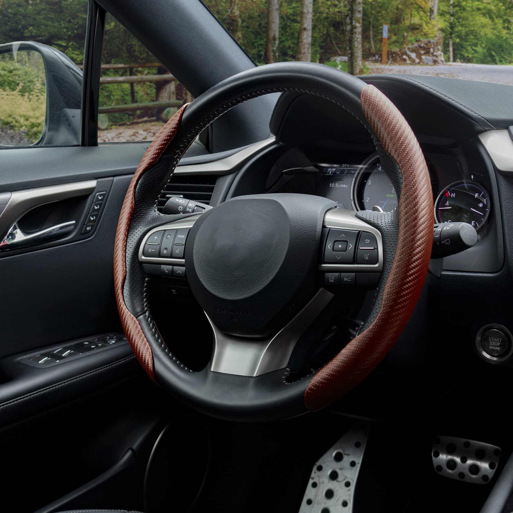 Amiss Car Carbon Fiber Anti-Skid Steering Wheel Cover/ Interior Accessories, Segmented Butterfly Universal 99% Wheel Cover Protector (Champagne)