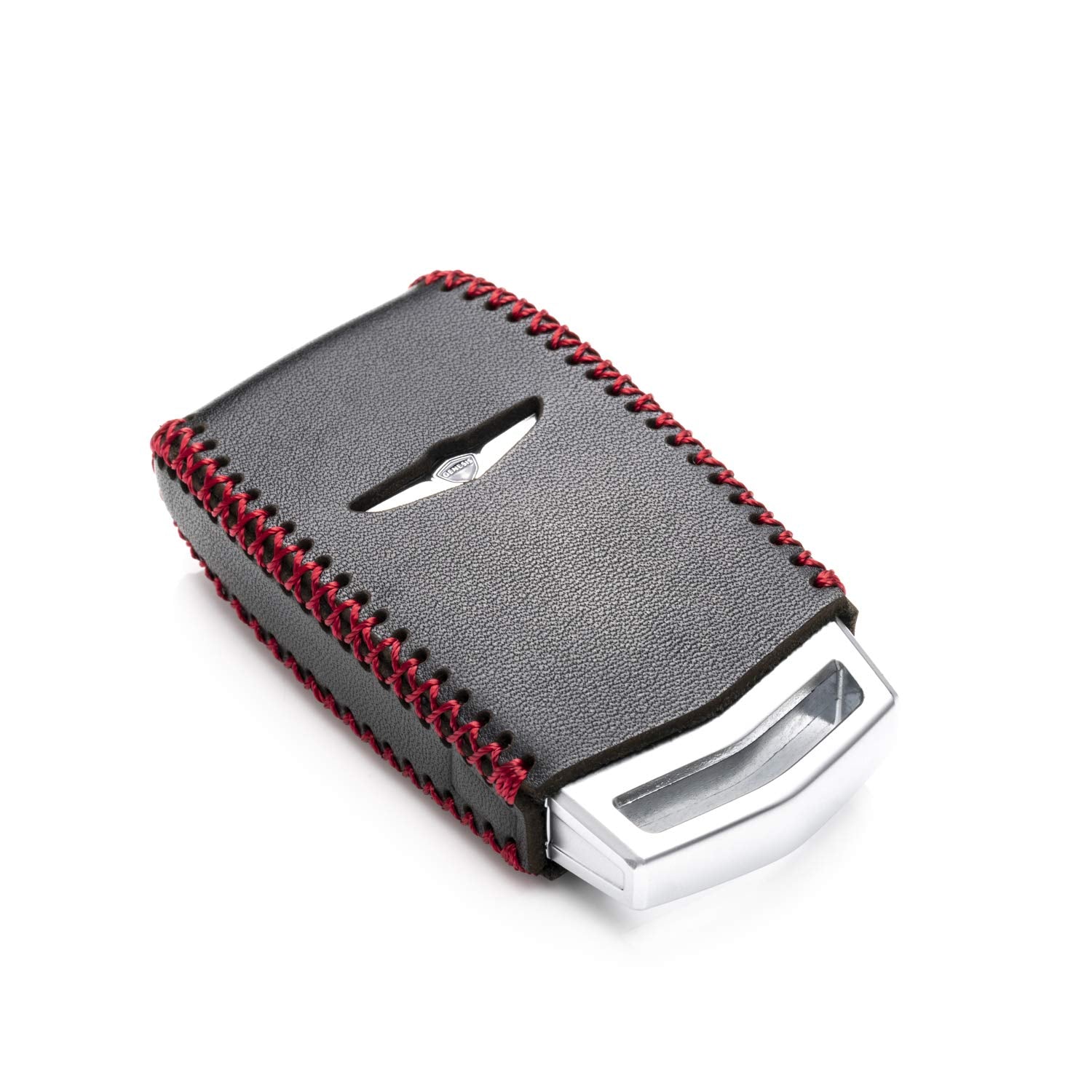 Vitodeco Genuine Leather Smart Key Fob Case Cover Protector with Leather Key Strap Compatible for 2017-2020 Genesis G70, G80, G90 (4-Button with Tailgate, Black/Red)