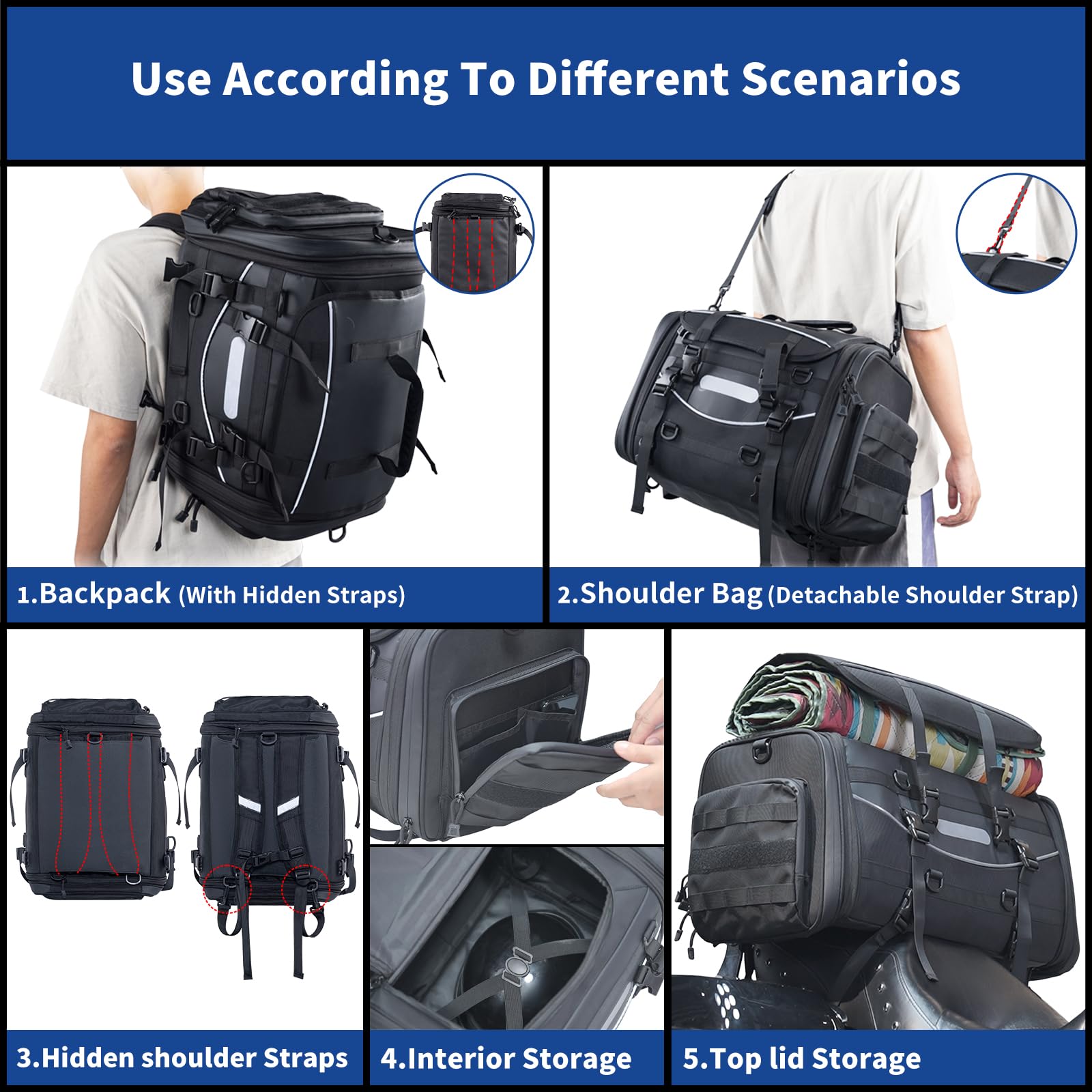 Fvmoto Universal Motorcycle Travel Luggage, Expandable Tail Bag 40-60L(10-15 Gallon), All Weather Rack Bag, Sissy Bar Bags, Helm