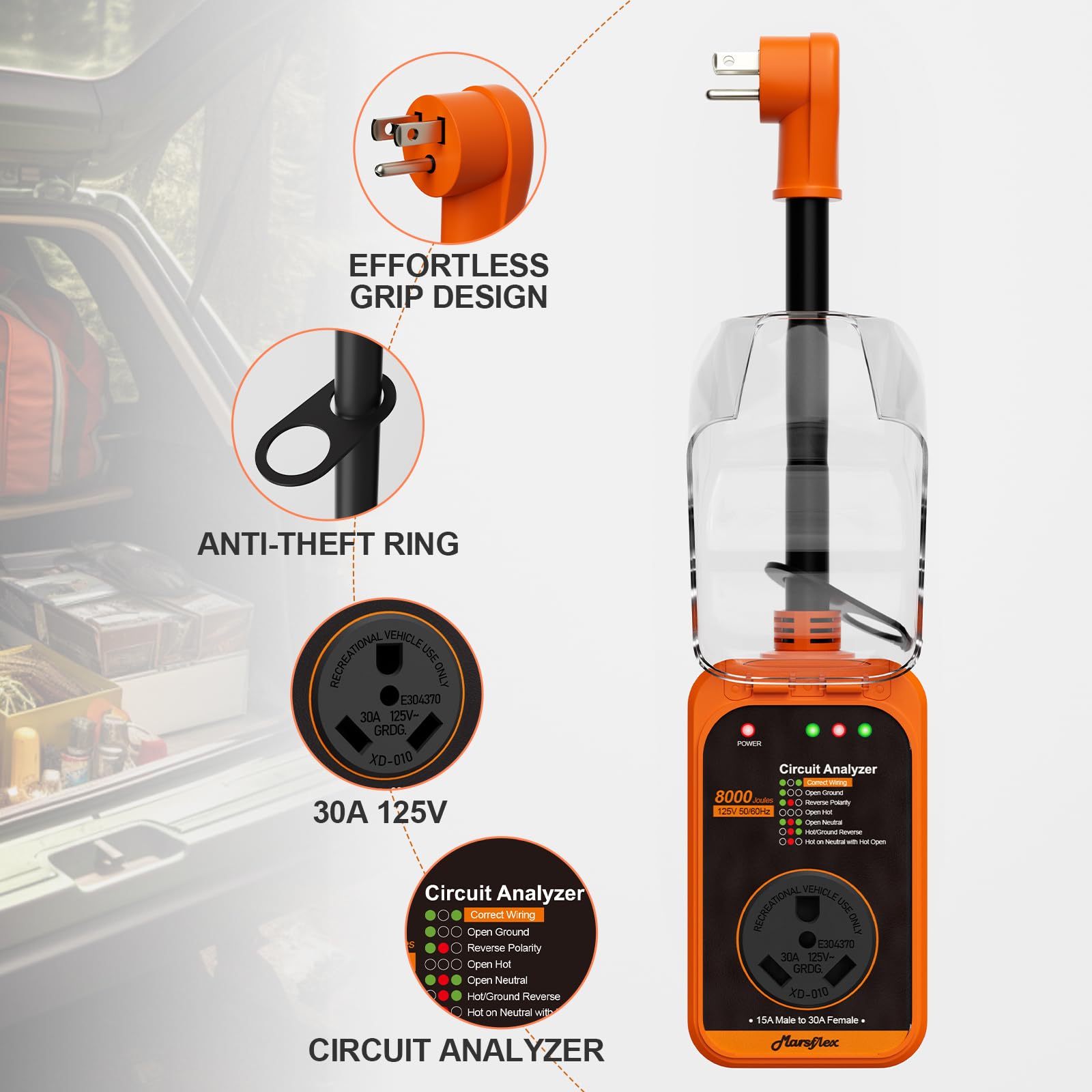Marsflex Rv Surge Protector, 15 Amp To 30 Amp Rv Circuit Analyzer,8000 Joules Surge Protection With Waterproof Cover, 5-15P Male
