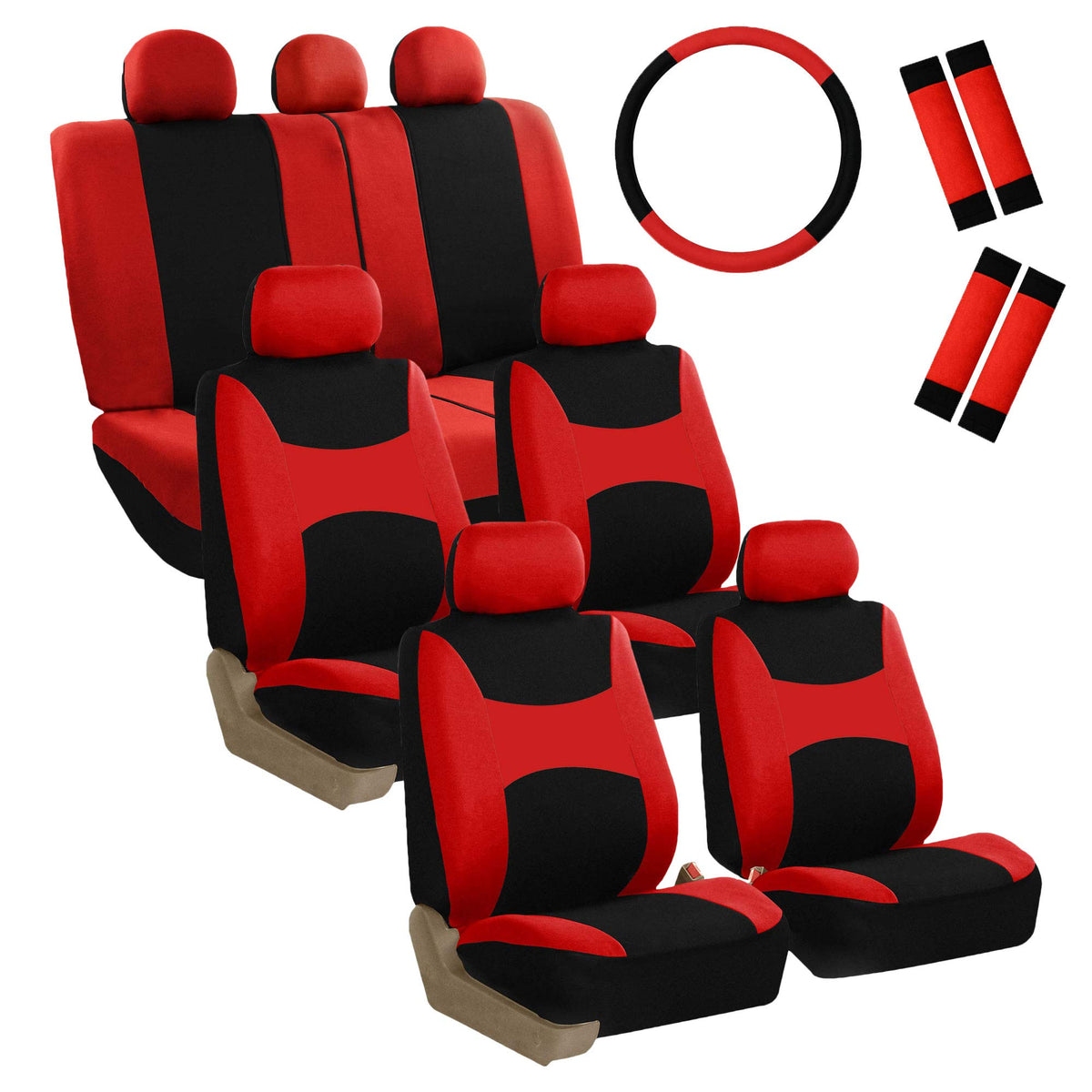 Fh Group Automotive Seat Covers Light & Breezy Flat Cloth  Three Row Set Red Combo Steering Wheel Cover & Seat Belt Pads, Airbag