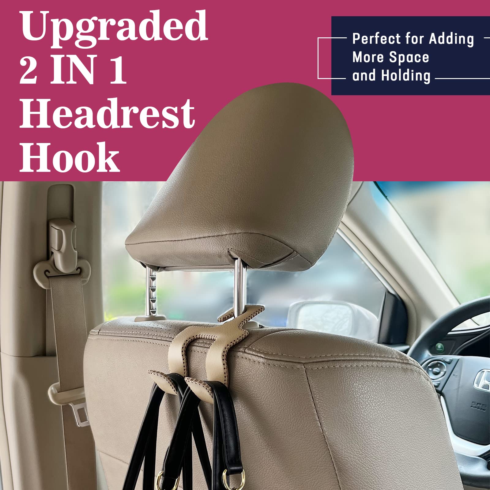 Tisohugo Upgraded Headrest Hooks For Purses And Bags, 2 In 1 Car Back Seat Head Rest Hanger Matching Cars Interior Genuine Leath