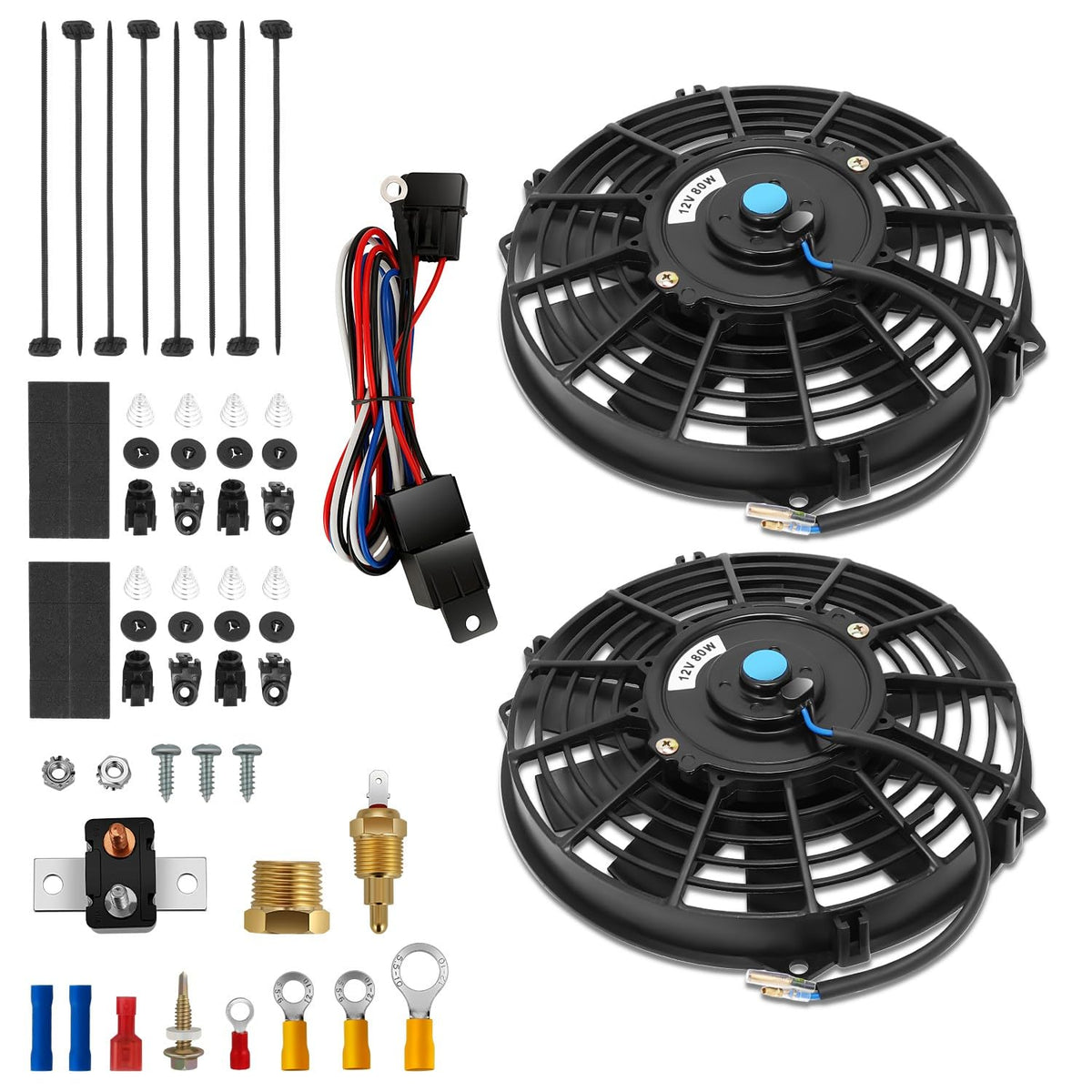 Auto Dynasty Universal 7 Inches High Performance Electric Slim Radiator Cooling Fan With Mounting Kit, (Pack Of 2) 12V, Blue