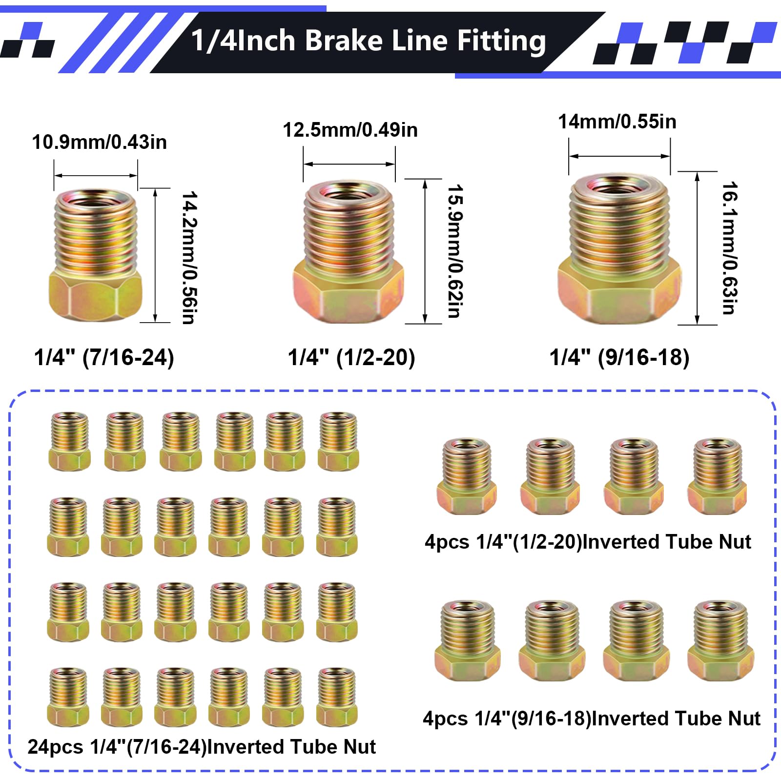 smseace 2Sets 25Ft. 1/4 '' Brake Line Tubing Kit with Brake Line Fittings(Includes 32pcs Fittings and 4pcs Unions+8pcs Nuts) Cop