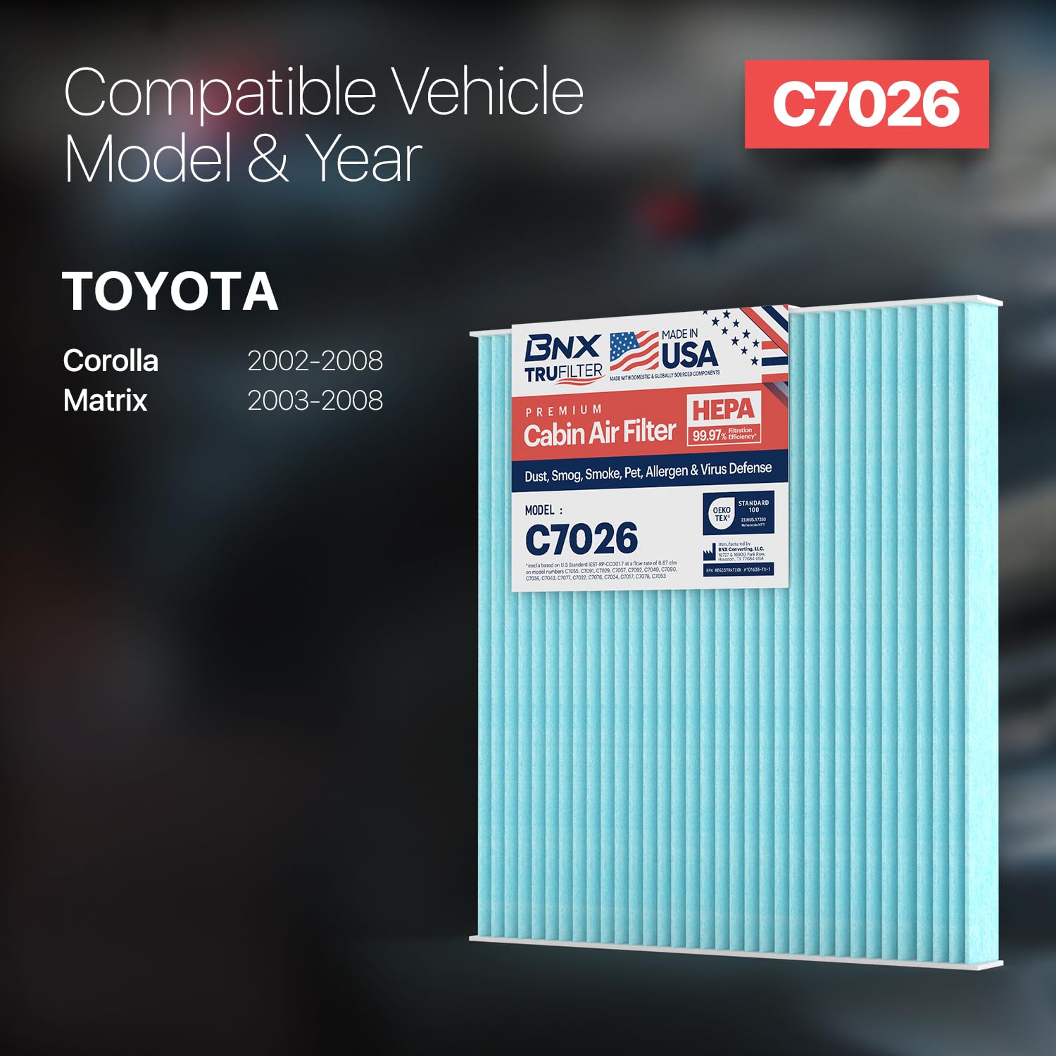 Bnx Trufilter C7026 Cabin Air Filter, Hepa 99.97%, Compatible With Toyota: Corolla, Matrix